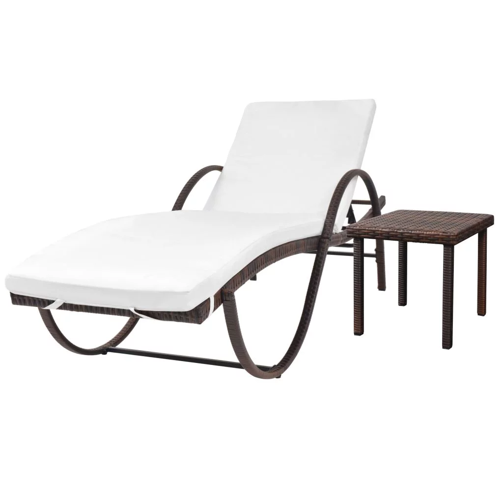 Andoer Sun Lounger with Cushion & Table Poly Rattan Brown