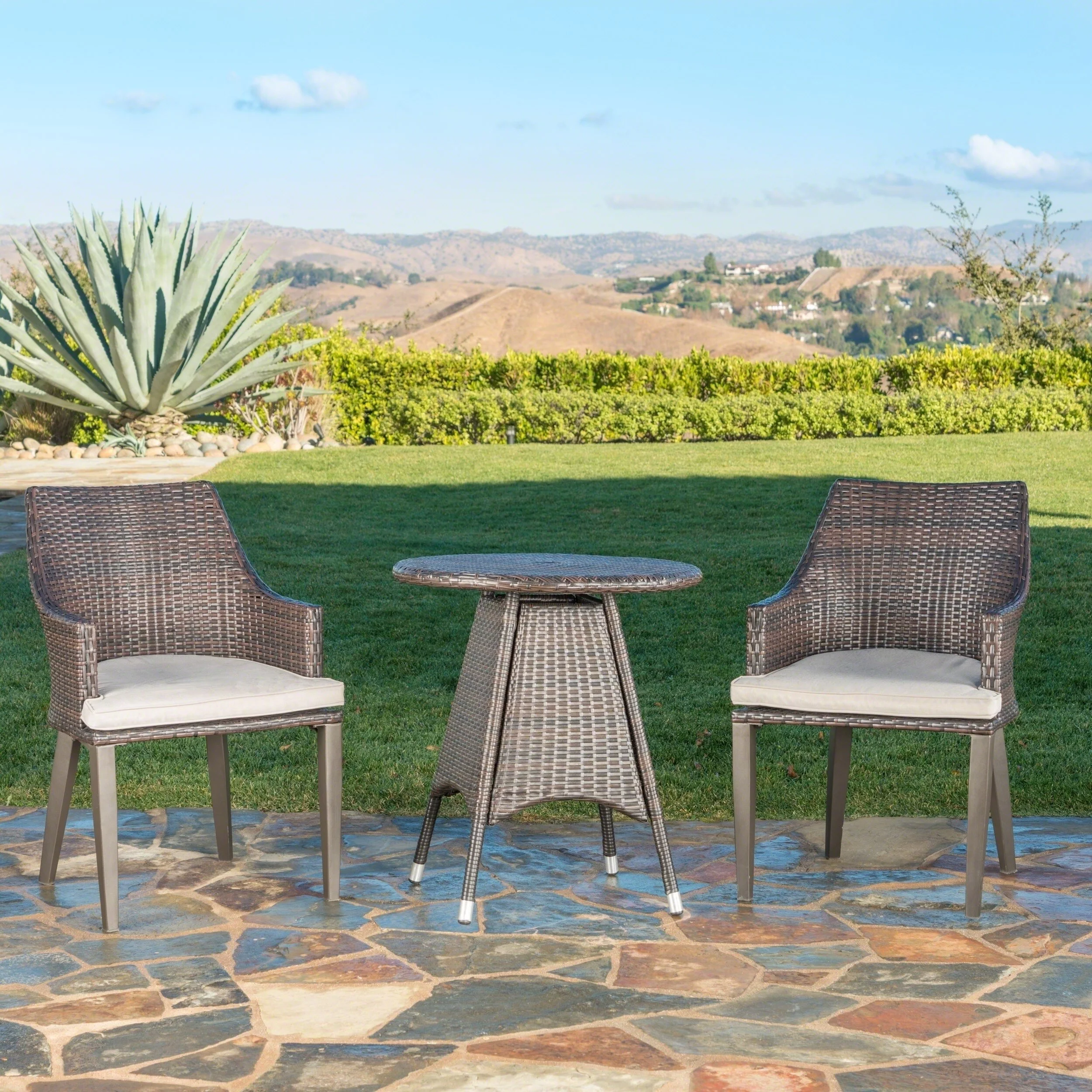 Christopher Knight Home Hillhurst Outdoor 3-Piece Round Wicker Bistro Chat Set with Umbrella Hole & Cushions by  - N/A Multibrown + Light Brown