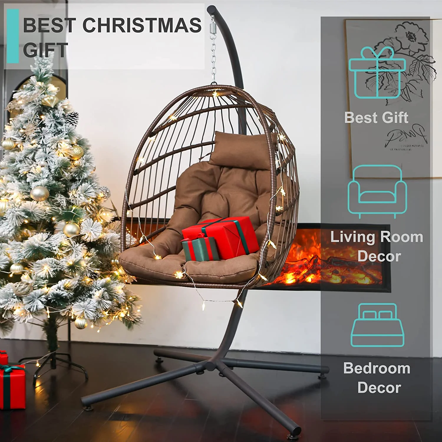 Hanging Egg Chair with Stand, Egg Swing Hammock Chair with Stand, Indoor Outdoor Wicker Egg Chair with Cushion Headrest for Patio Bedroom Porch Garden, 350LBS Capacity(Brown)