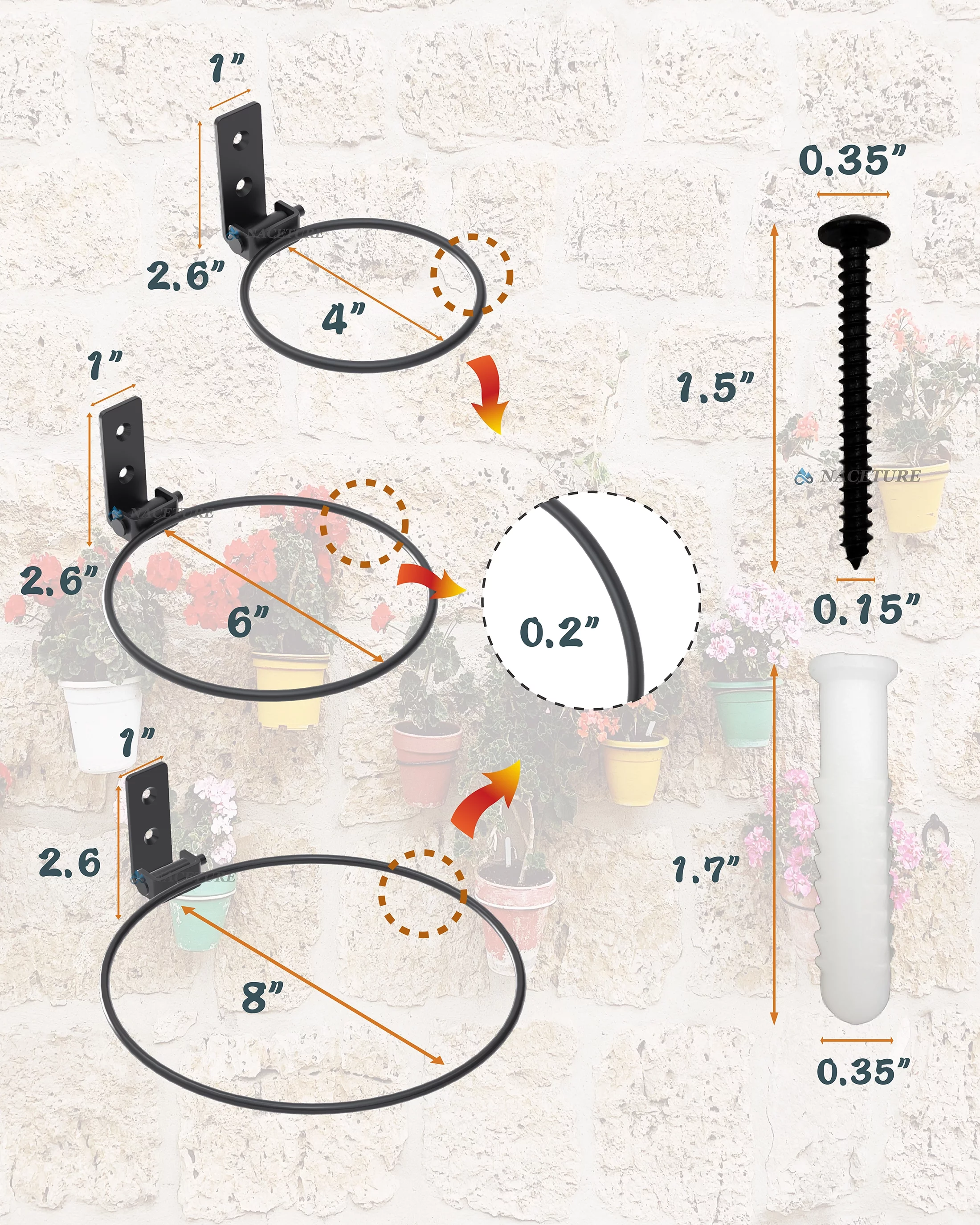 Foldable Flower Pot holder Ring for Wall Mount 6 Inch 3 Pcs – Heavy Duty Metal Round Planter Hooks