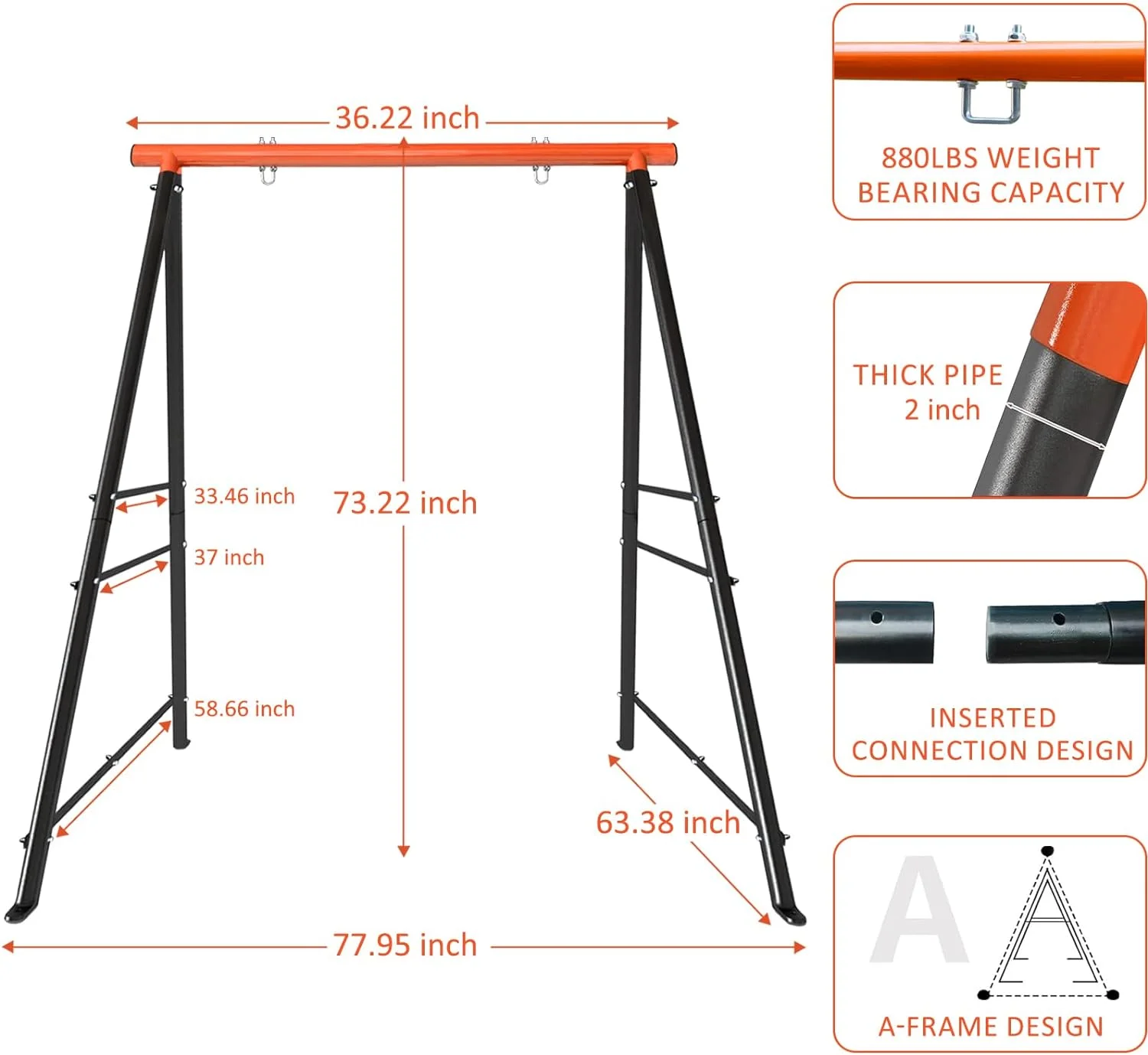 Outdoor Kids Swing Set Heavy Duty Metal A-Frame w/Ground Stakes Orange, 880 Lbs