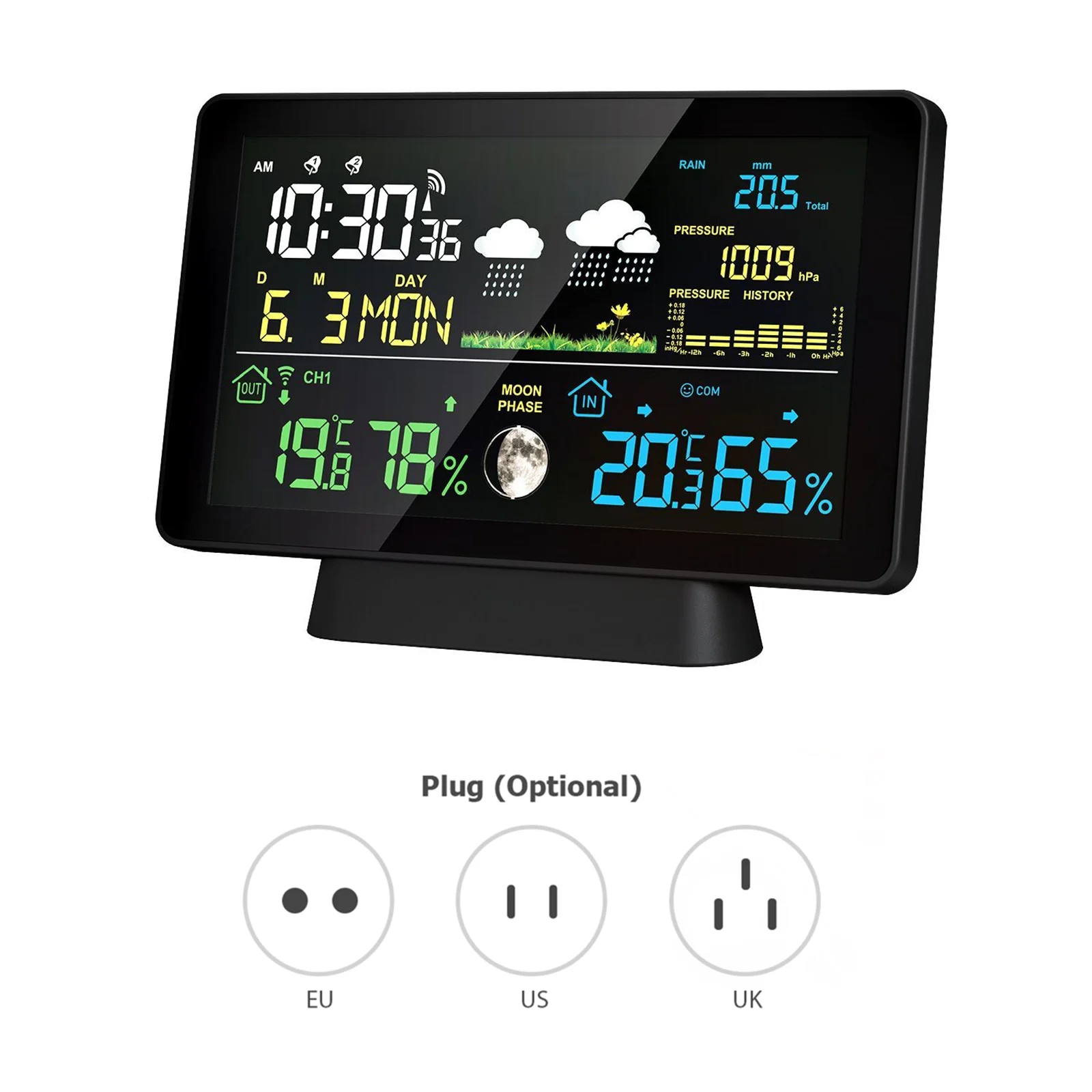 OWSOO  8 in 1 Wireless Weather Station with Hyetometer, Temperature Sensor, Time Date Display and Rain Gauge for Indoor Use