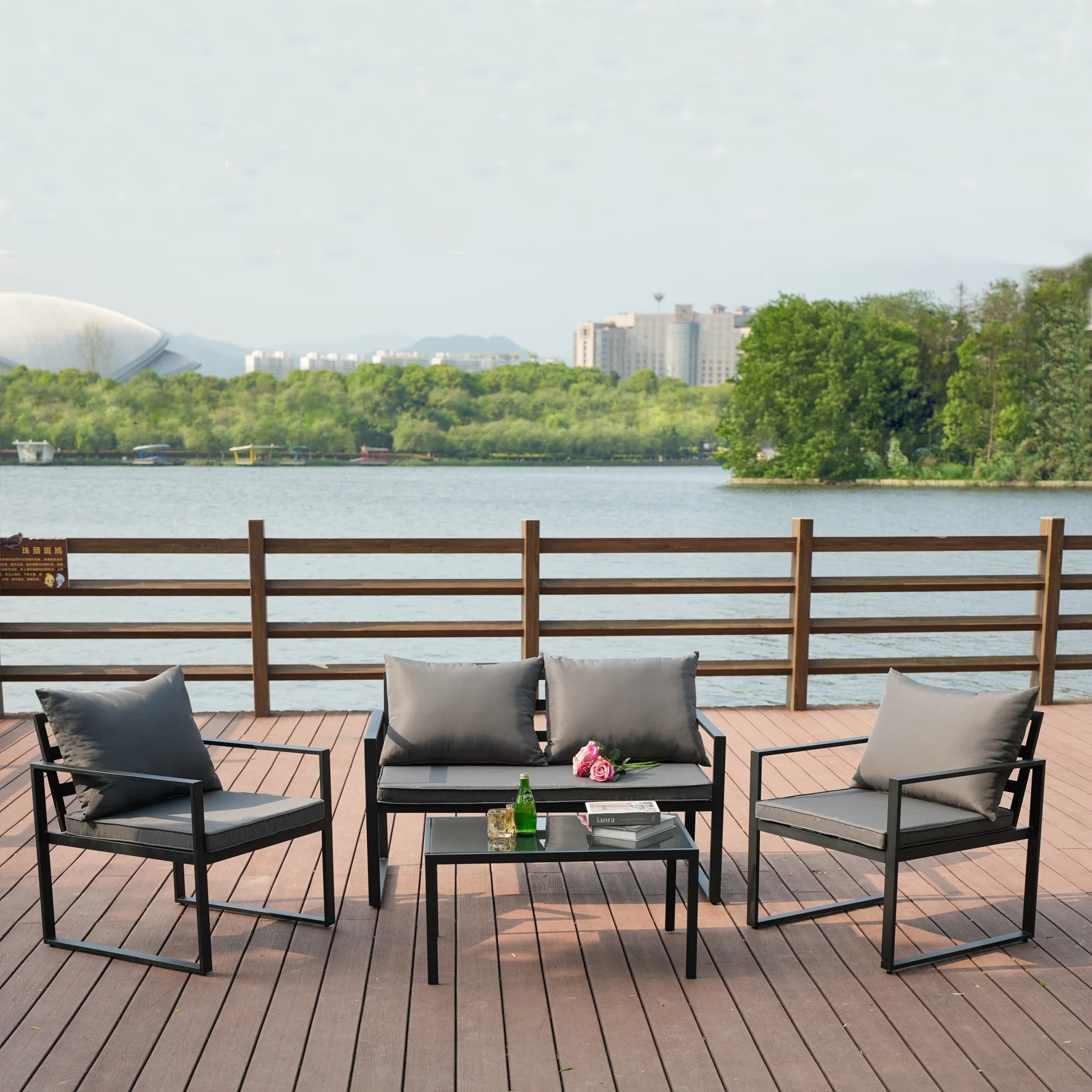 Patio Furniture Set,Metal Outdoor Chairs Set of 4,Garden Porch Balcony Furniture Set,Patio Conversation Furniture Set for Backyard w/Coffee Table, Seat Cushions(Gray Cushions)