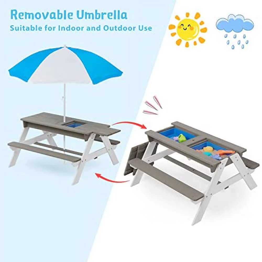 Kids Sand and Water Table, Wood Outdoor Picnic Table & Chair Set w/Umbrella for Backyard Play