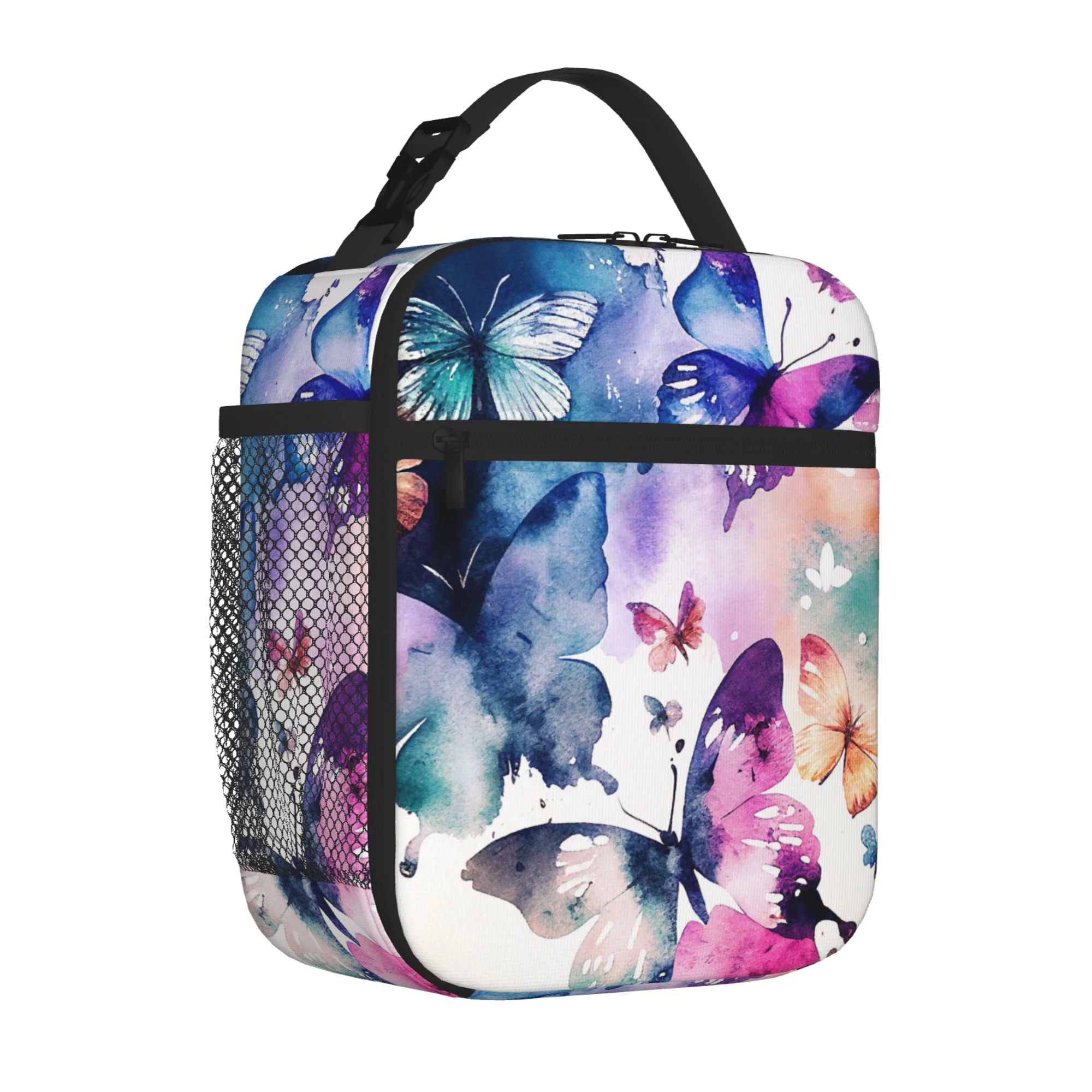 TEQUAN Portable Lunch Bag, Pink Watercolor Butterfly Pattern Reusable Insulated Lunch Box for Travel Work School Picnic