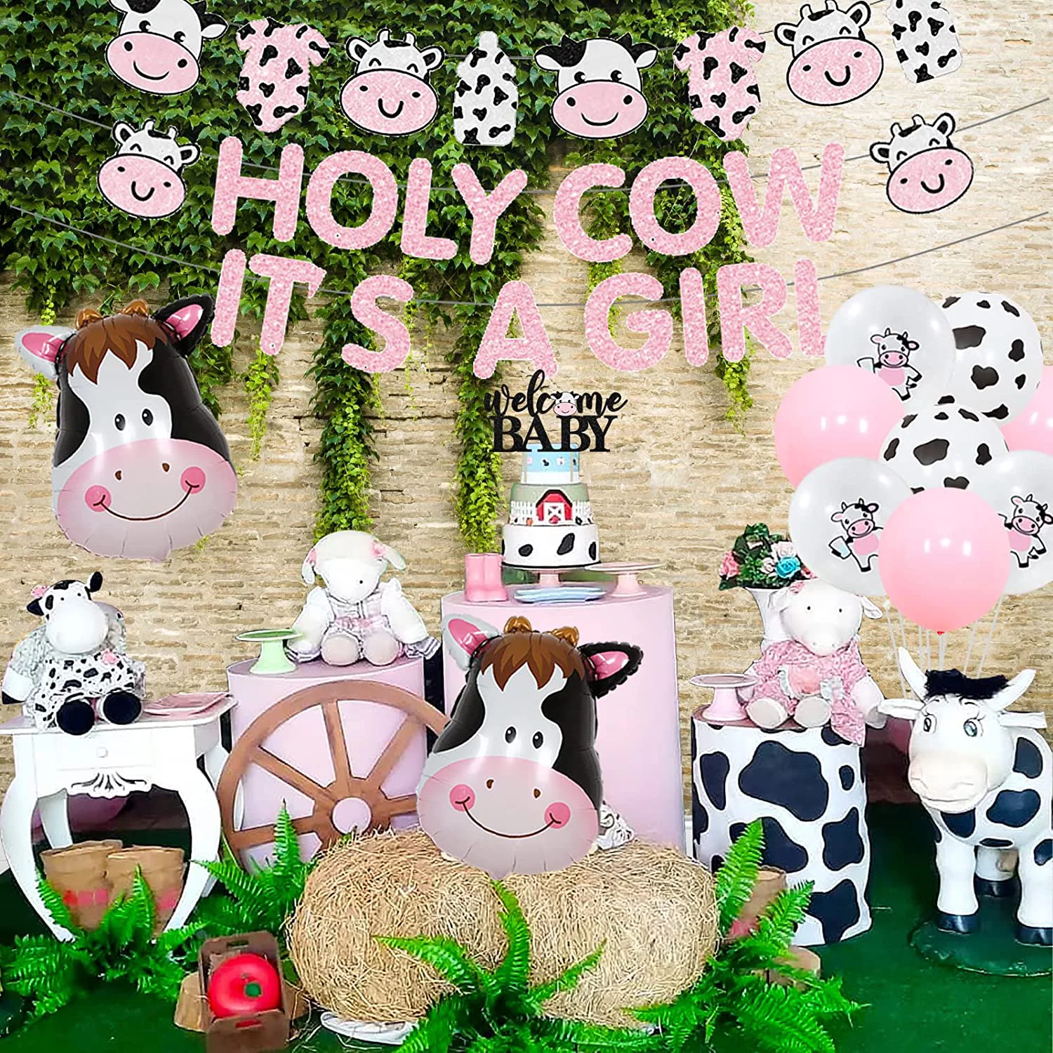 Cow Print Baby Shower Decorations Girl, Holy Cow It's a Girl Baby Shower Decorations, Pink Cow Garland, Welcome Baby Cake Toppers for Farm Animal Floral Girl Baby Shower Party Decoration