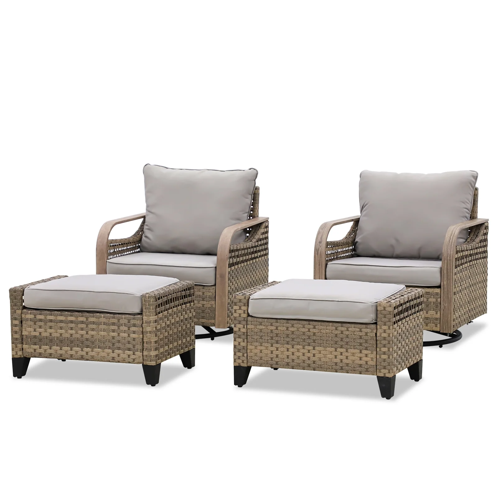 EAGLE PEAK 4 Piece Wicker Outdoor Rocking Chairs with Ottomans, Rattan Swivel Rocker Patio Chairs for Backyard Deck Porch & Garden, Brown/Beige