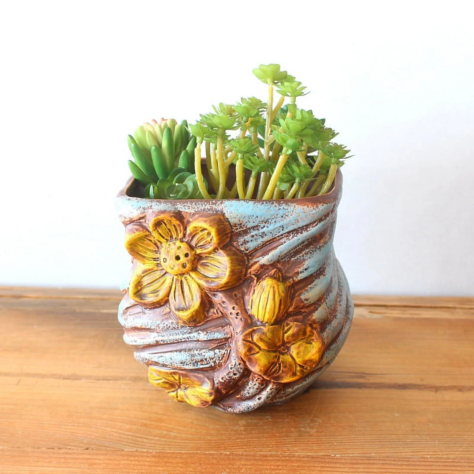 Hand-painted Ceramic Succulent Planter - Vintage Tree Stump Flower Pot for Succulents