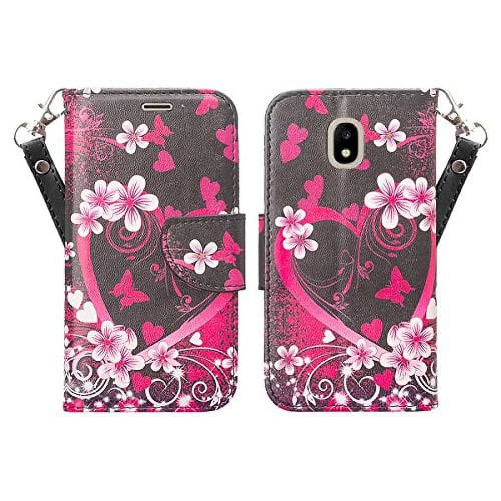 Samsung Galaxy J3 (2018),Galaxy J3 Achieve ,Galaxy J3 Star/Galaxy Express Prime 3 Wallet Case, PU Leather ID Cash Credit Card Slots Holder Carrying Folio Flip Cover & Kickstand - Hot Pink Heart