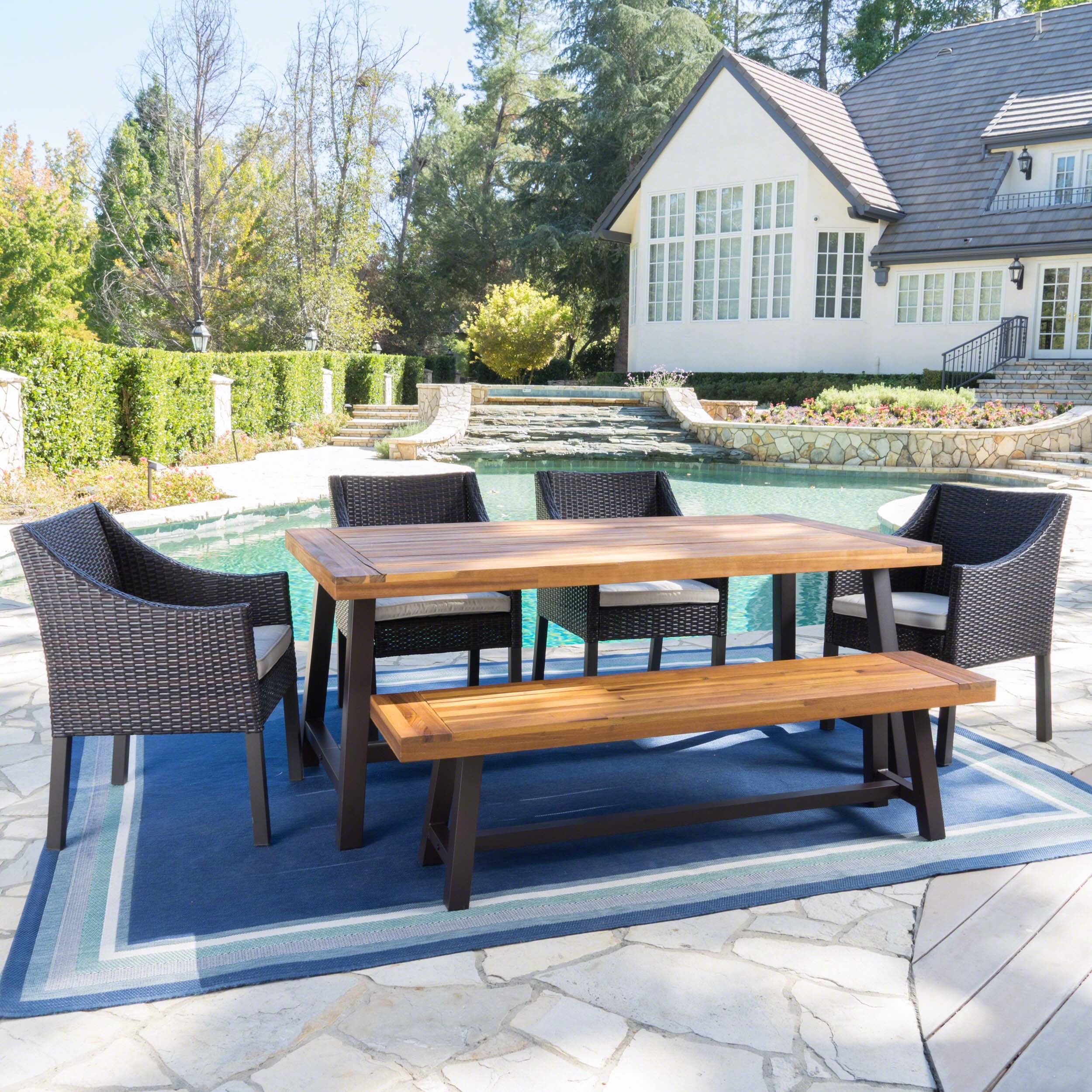 Oakwood Outdoor 6 Piece Wicker and Sandblast Acacia Wood Dining Set with Cushions, Multibrown, Beige