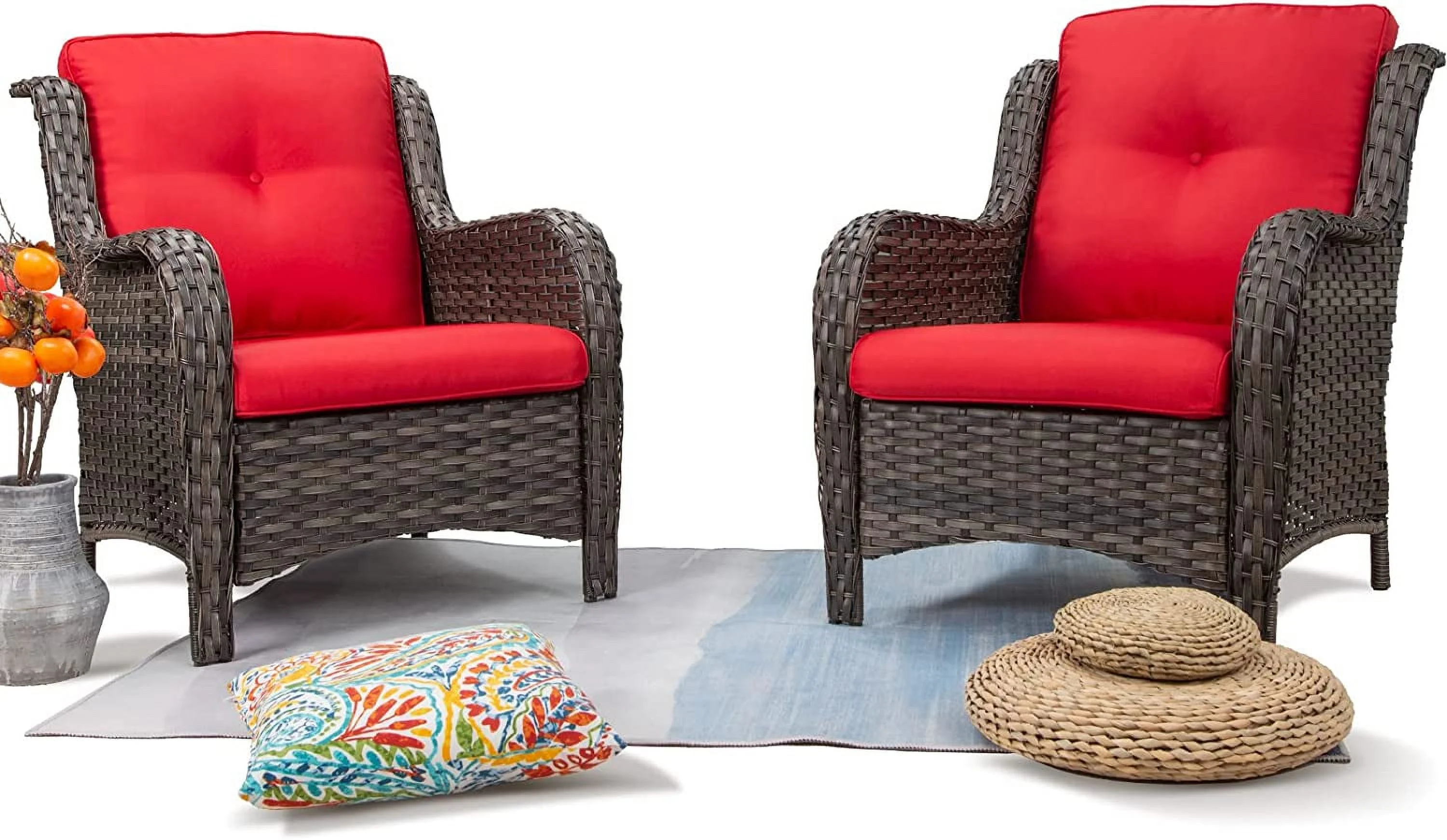 Patio Wicker Chairs Set of 2, Patio Rattan Dining Chairs with 3.5-inch Seat Cushions, High Back and Curved Armrest for Garden, Backyard, Balcony and Deck, Red