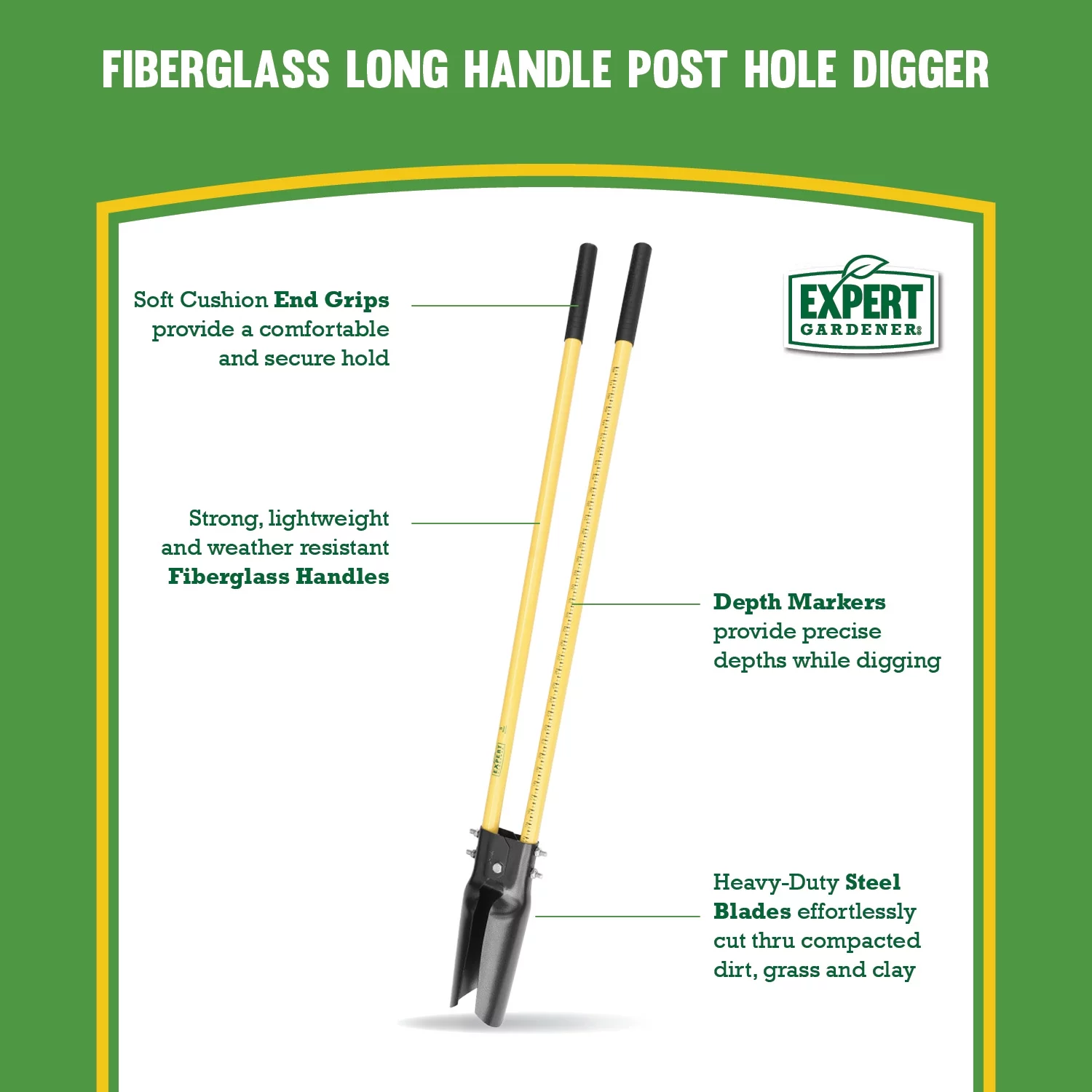 Expert Gardener Fiberglass Handle Manual Post Hole Digger with Comfort Grips, Model #EG21-402-001-09