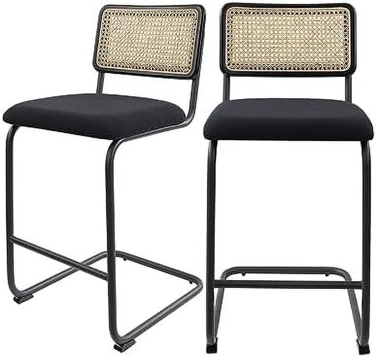 HBLUKDL Black Modern Counter Height  Stools  with Natural Rattan Cane and Solid Wood Backs  24 Inch Upholstery with Metal Chrome Legs Mid Century  Chairs