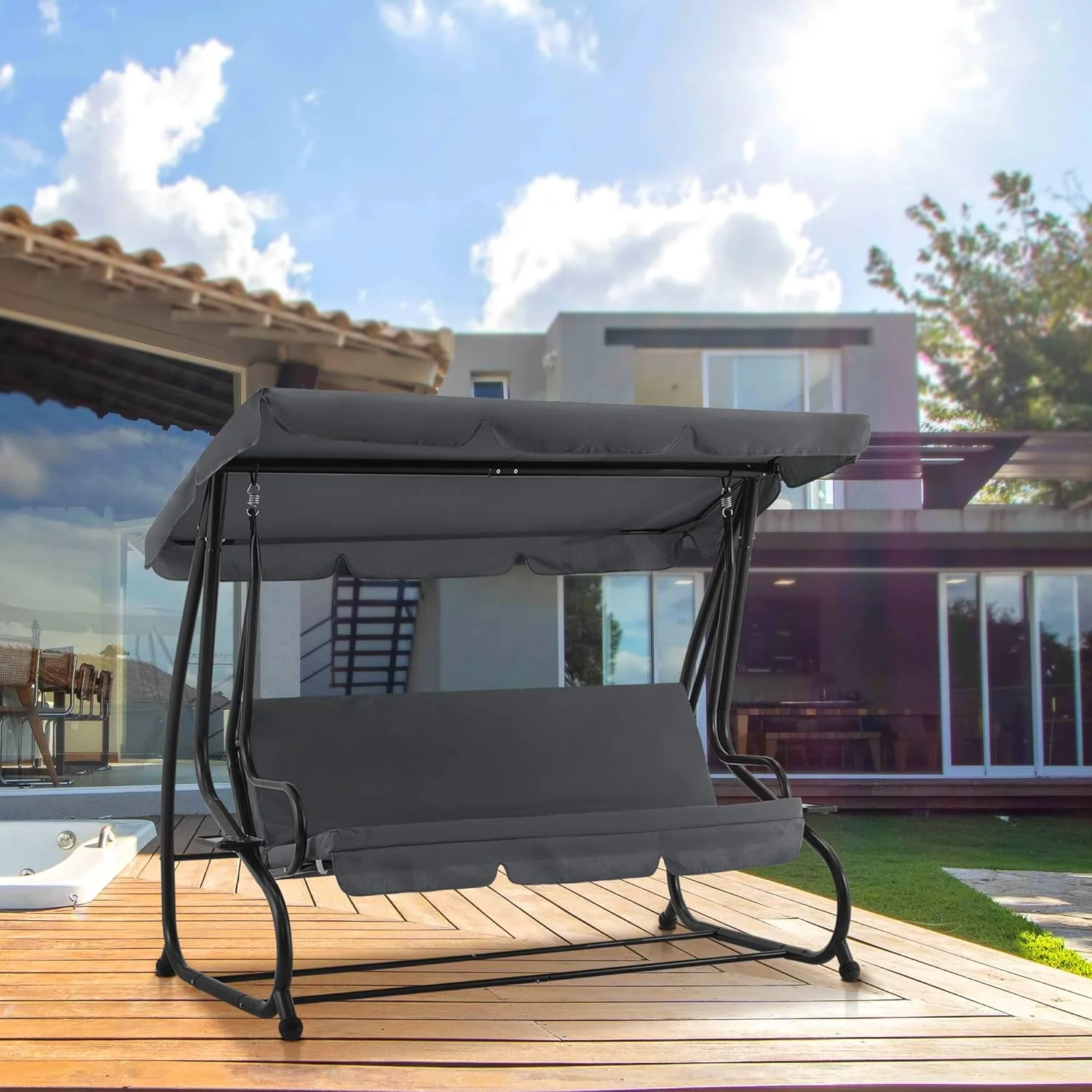 3 Seat Patio Swing Chair, Outdoor Swing with Adjustable Canopy, Weather Resistant Steel Frame, Porch Swing Sets for Backyard, Poolside, Balcony, 4090 (Dark Grey)