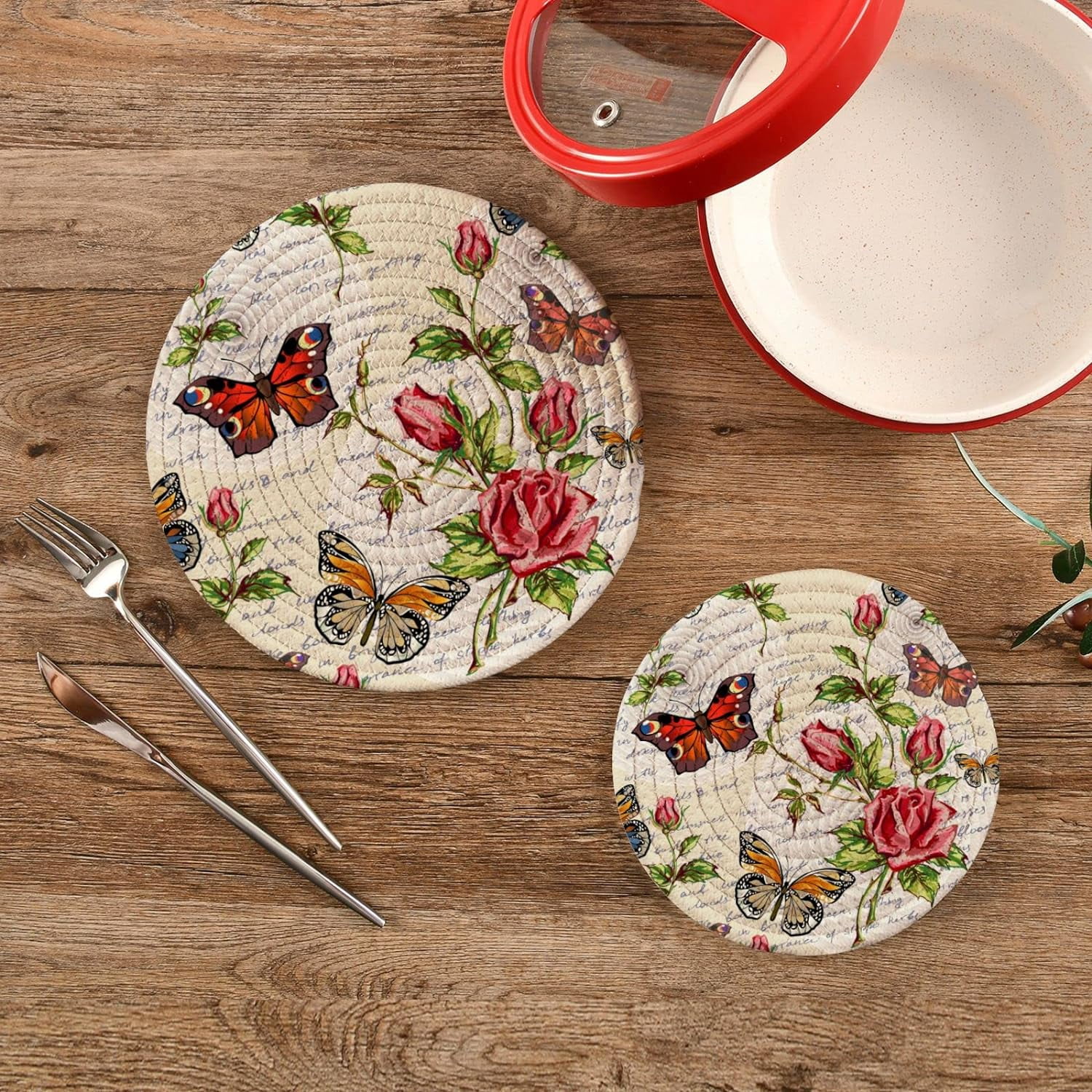 SKYSONIC Flowers Butterflies Pot Holders Trivets, 2 Pcs Heat Resistant Trivets,Vintage Summer Cotton Thread Weave Mats for Hot Pads Pans Pot Bowl Teapot for Kitchen Decor