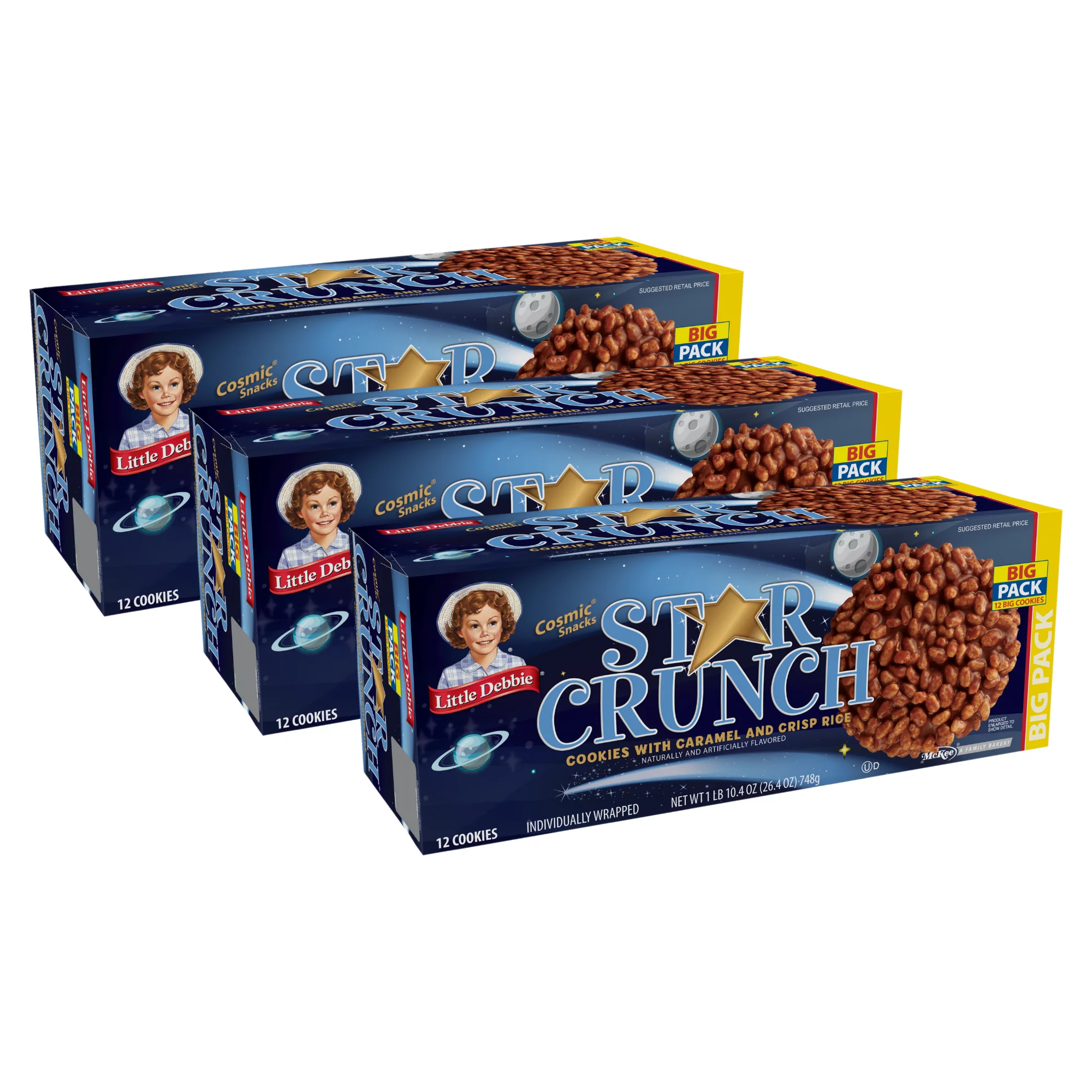Little Debbie Star Crunch Cosmic Snacks, 3 Big Pack Boxes, 36 Individually Wrapped Cookies with Caramel and Crisp Rice