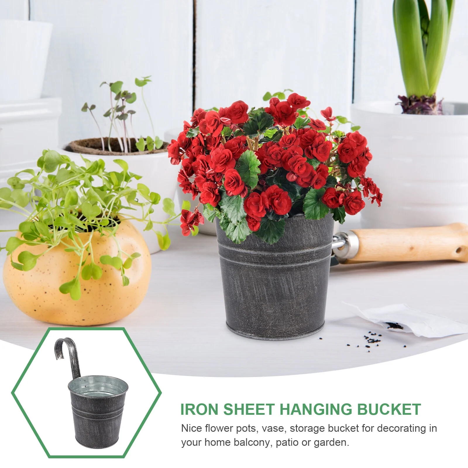 Old Tin Flower Bucket Iron Hanging Plant Hook Container Railing Planter Saucers for Outdoors