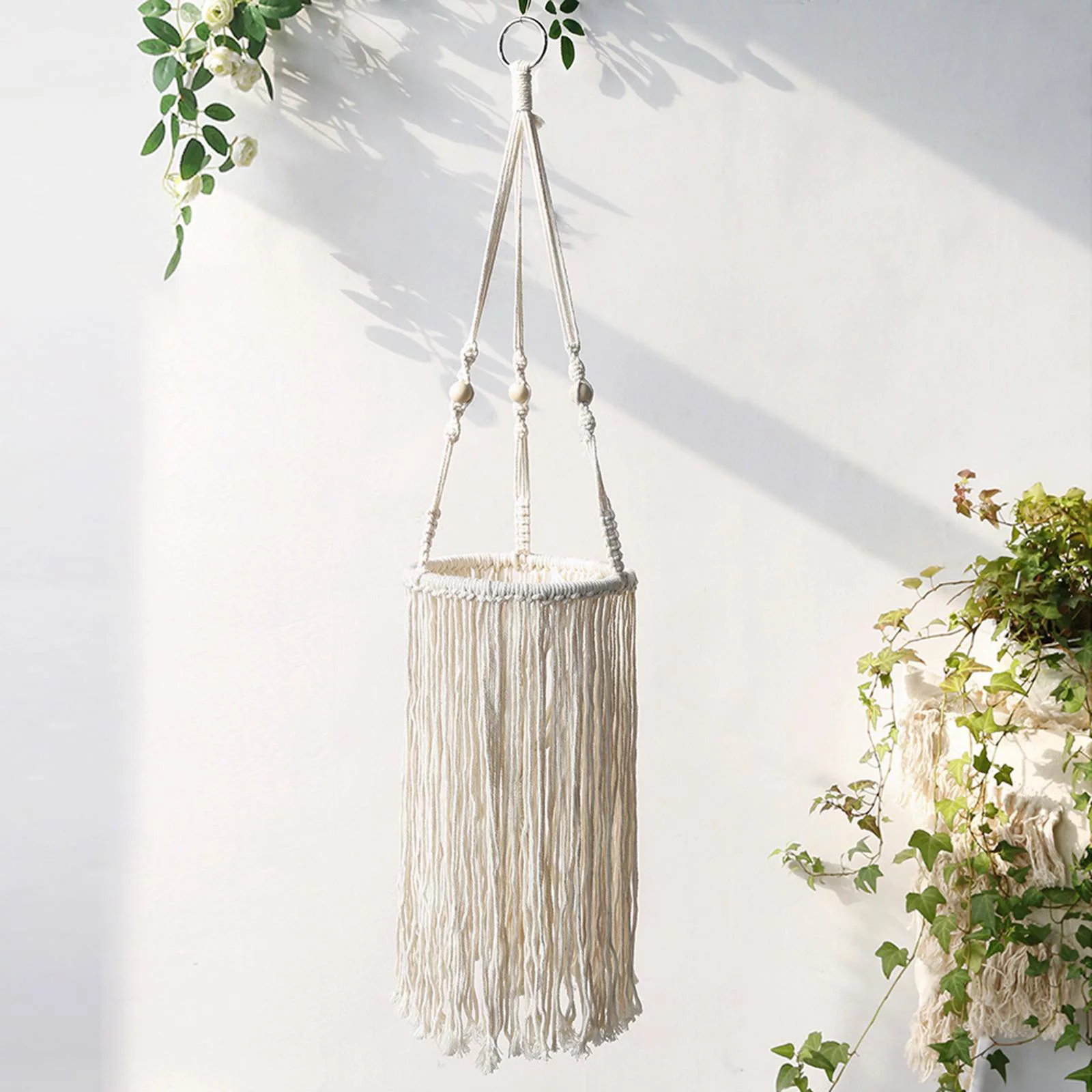 Handmade Hanger 35 Inches Decorative Basket Rope Hanging Planter with Wood Beads Tassels Boho for Deck Ceiling Indoor Garden