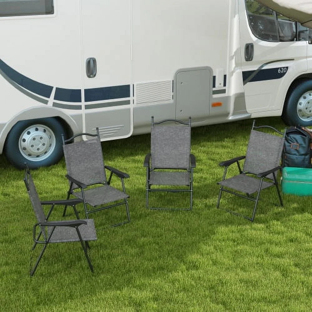 GRTYOKF Folding Patio Chairs  Set of 4 Sports Chairs for Adults  Camping Chairs with Armrests  Breathable Mesh Fabric Seat for Lawn  Gray