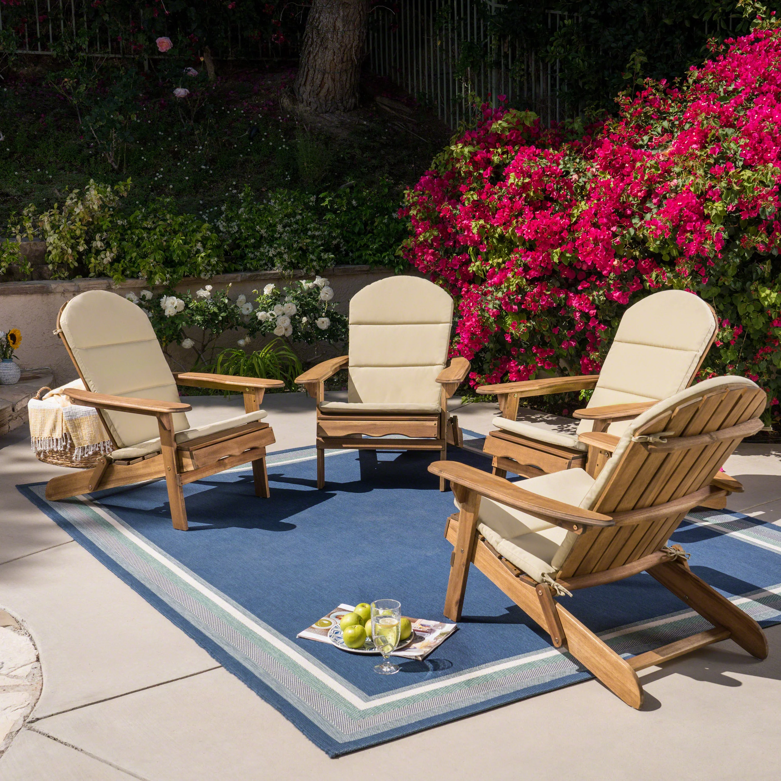 GDF Studio Cartagena Outdoor Acacia Wood Folding Adirondack Chairs with Cushions, Set of 4, Natural and Khaki