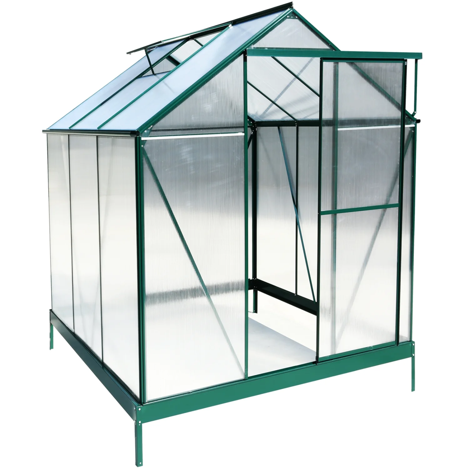 Green Heavy Duty Polycarbonate Greenhouse Kit with Rain Gutter  Vent and Door for Backyard Garden- Aluminum Walk-in Green House  6.3ft x 6.2ft x 7ft  Green Color