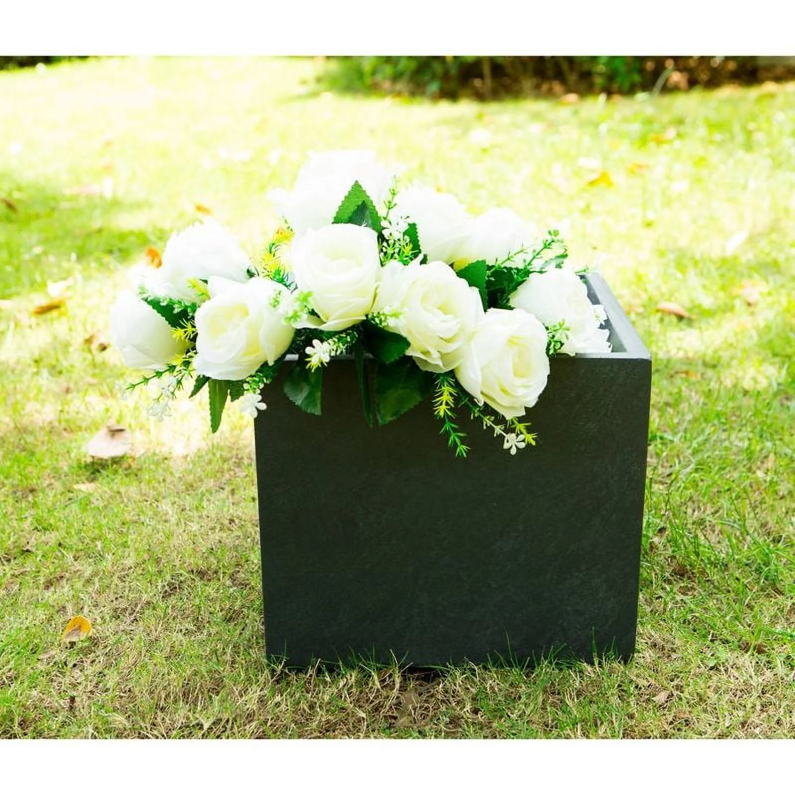 YFY 12-Inch Wide Lightweight Modern Outdoor Concrete Square Decorative Planter with Visible Pores (Charcoal Black)