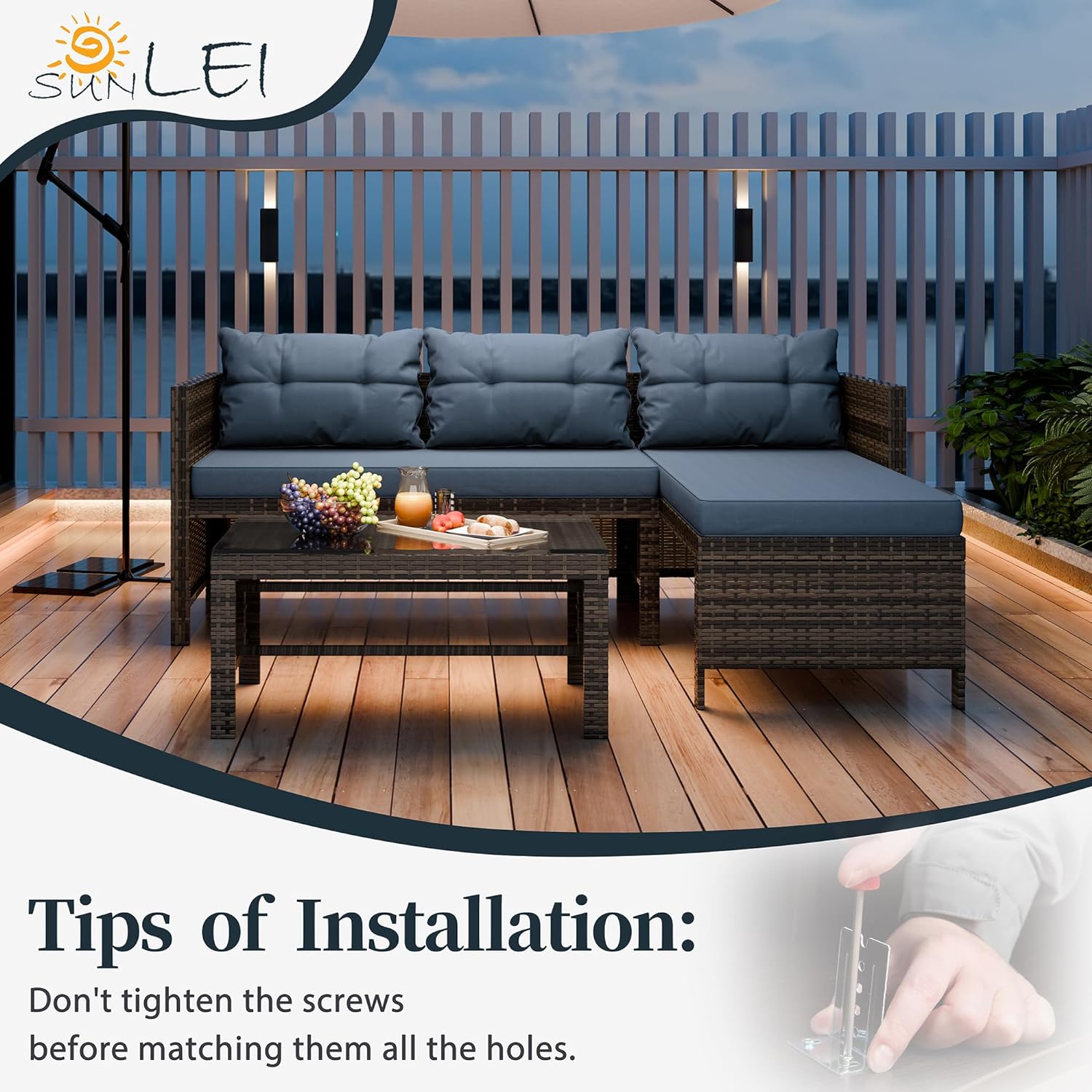 Dina 3-Piece Wicker Patio Conversation Furniture Set  Patio Corner Sofa with Outdoor PE Rattan  Includes Loveseat Sofa Sectional  White Couch and Coffee Table(Silver Rattan/Ashy Blue  3 P