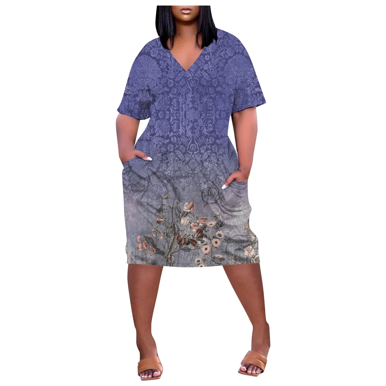 Spring Skirts For Women Women'S Large Size Floral Print V Neck Comfortable Loose Dress Short Sleeved Knee Length Dress With Pockets Skirt Shorts For Women