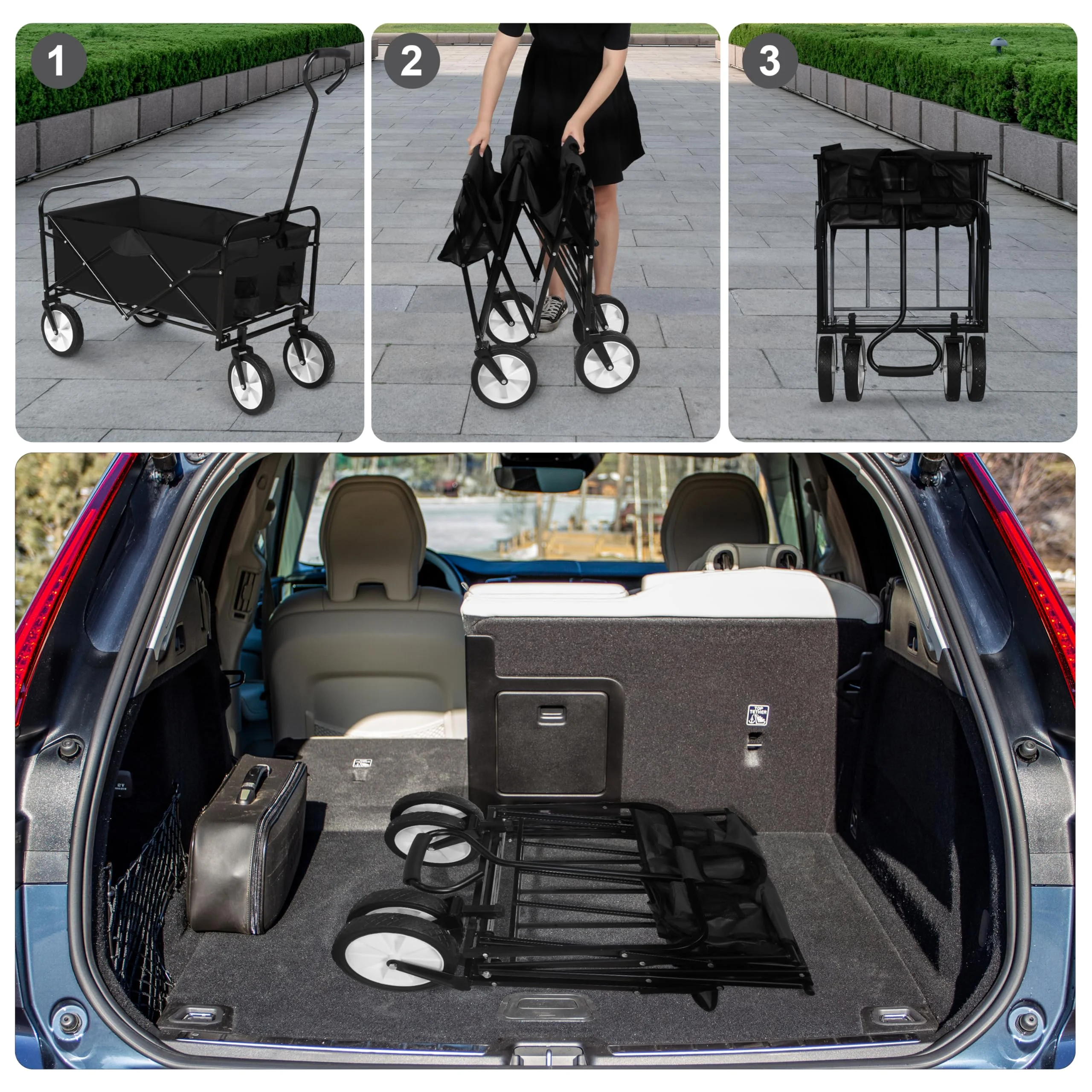 Folding Garden Cart PRO, Collapsible Handy Wagon with 360 Degree Swivel Wheels & Adjustable Handle,220lbs Weight Capacity,Black