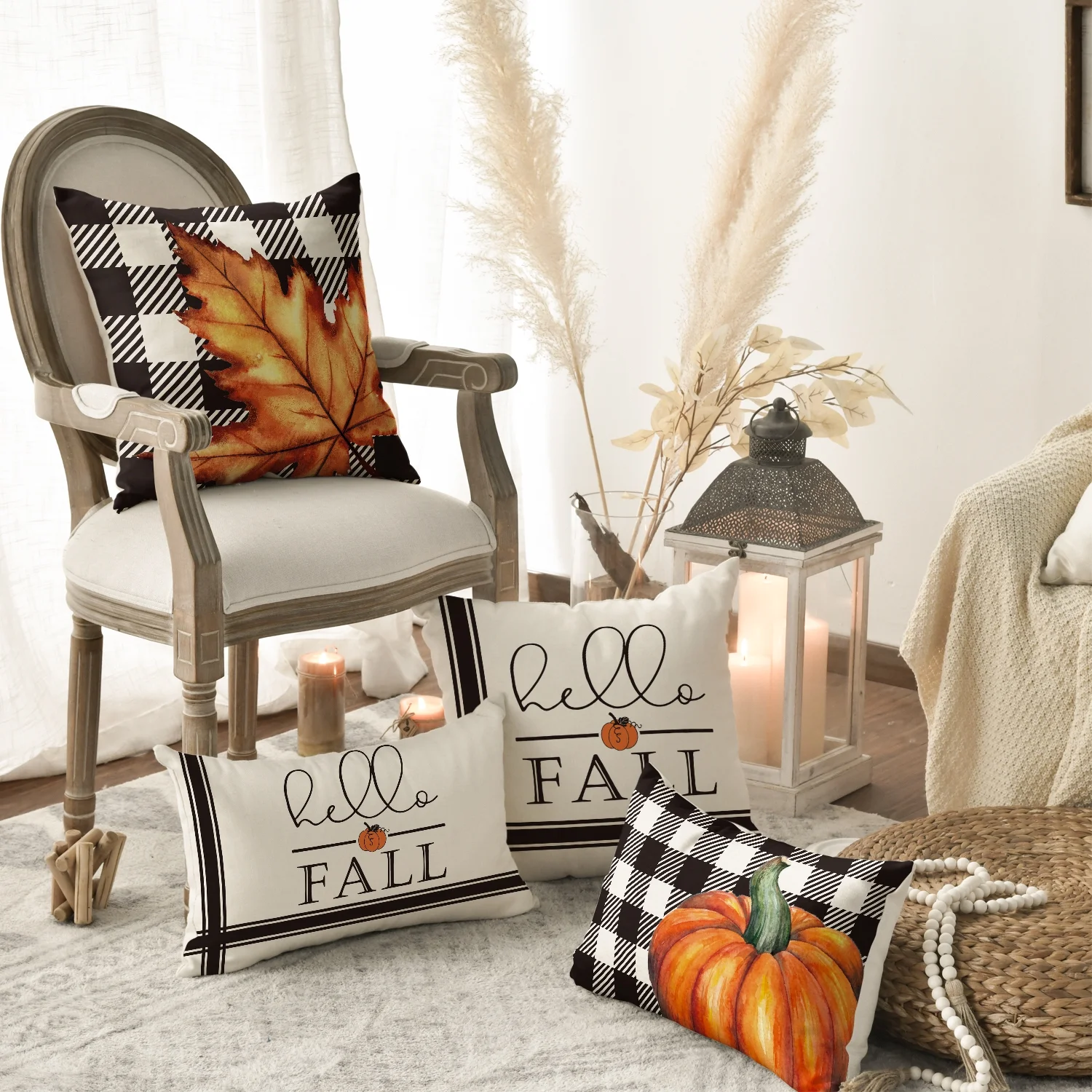 Smile Buffalo Check Plaid Fall Throw Pillow Covers 18 x 18 Set of 4 Maple Leaf Hello Pumpkin Beige