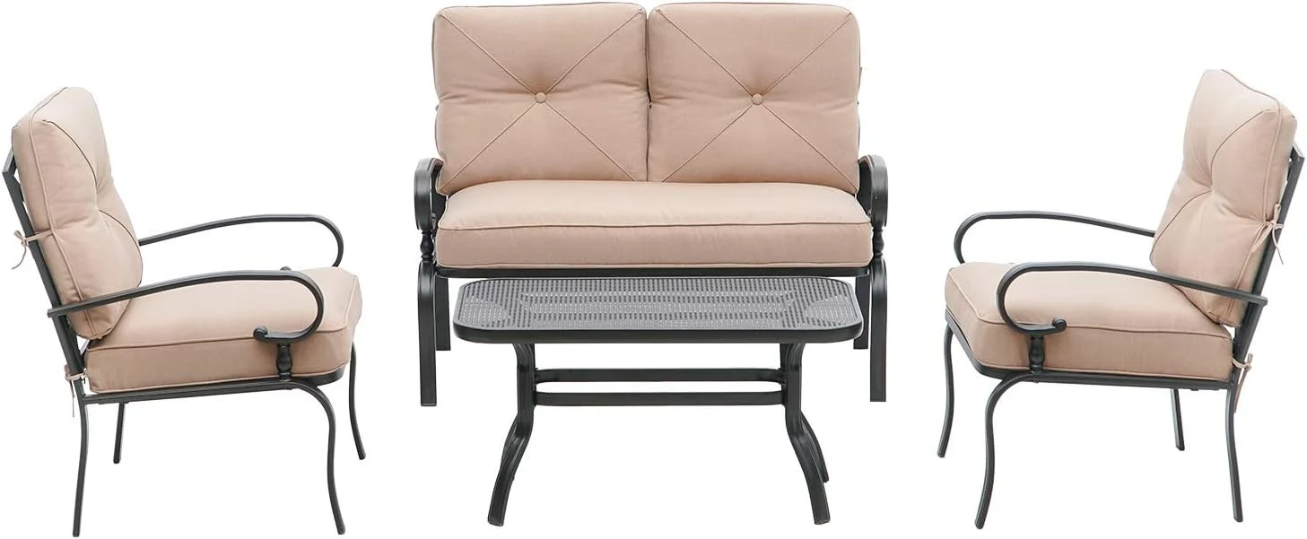 Dina 7 Pcs Outdoor Metal Furniture Set Patio Conversation Set  Loveseat  2 Patio Dining Chairs  2 Spring Chairs and 2 Coffee Tables with Red Cushions