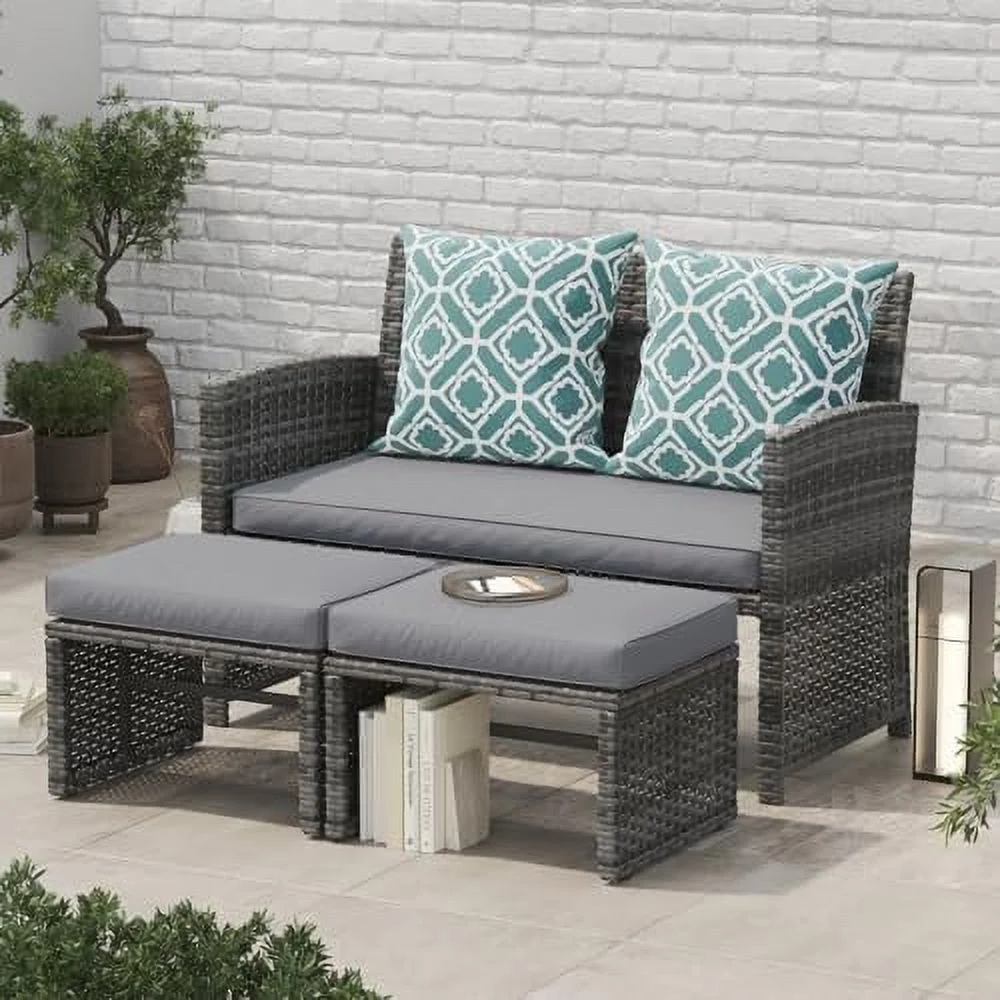 LNSETGC Outdoor Loveseat Patio  Rattan Conversation Set with Ottoman  Light Grey Cushions  Grey Wicker  Pillows Included