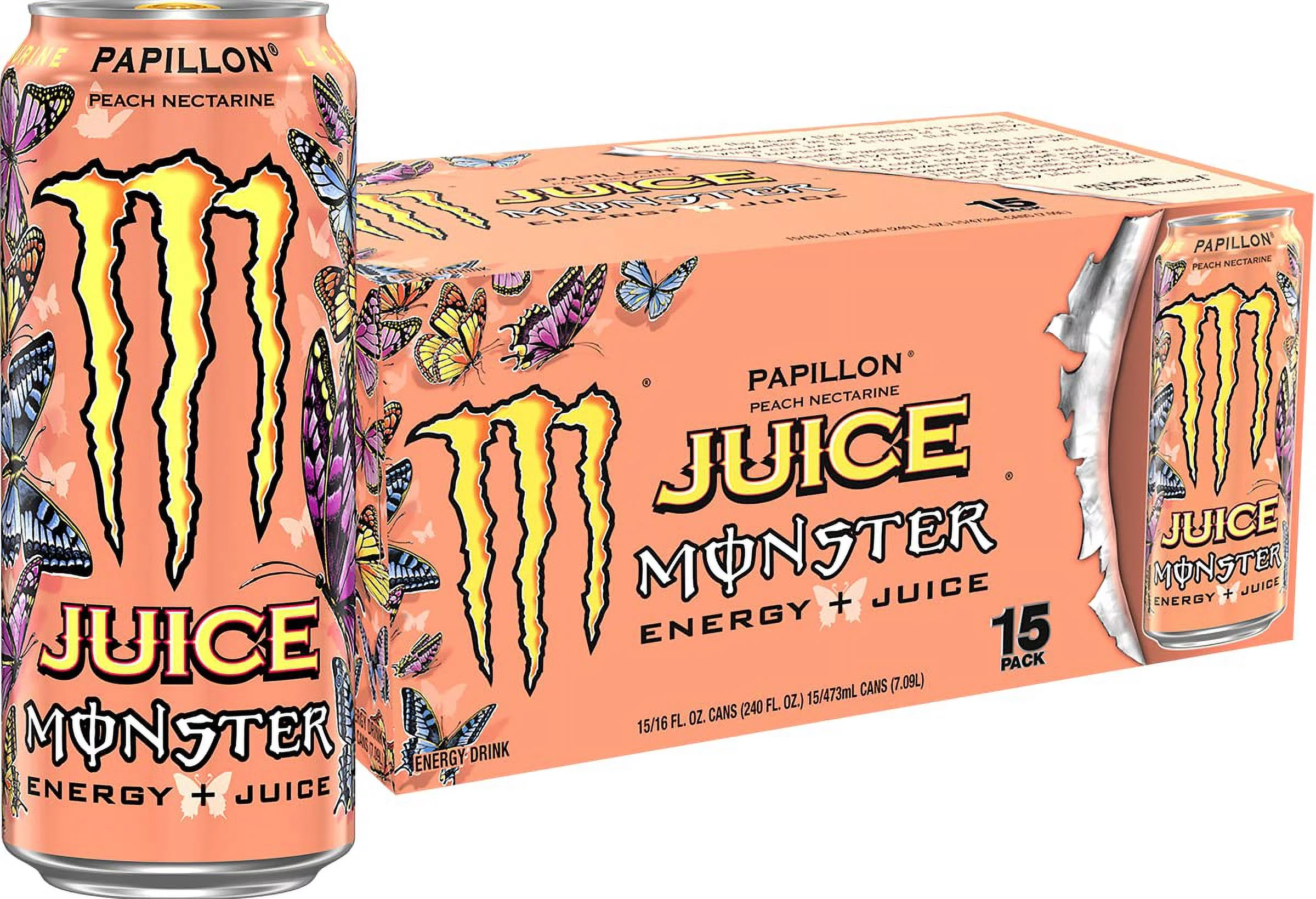 Monster Energy Juice Monster Papillon Peach Nectarine, Energy + Juice, Energy Drink, 16 Ounce (Pack Of 15)