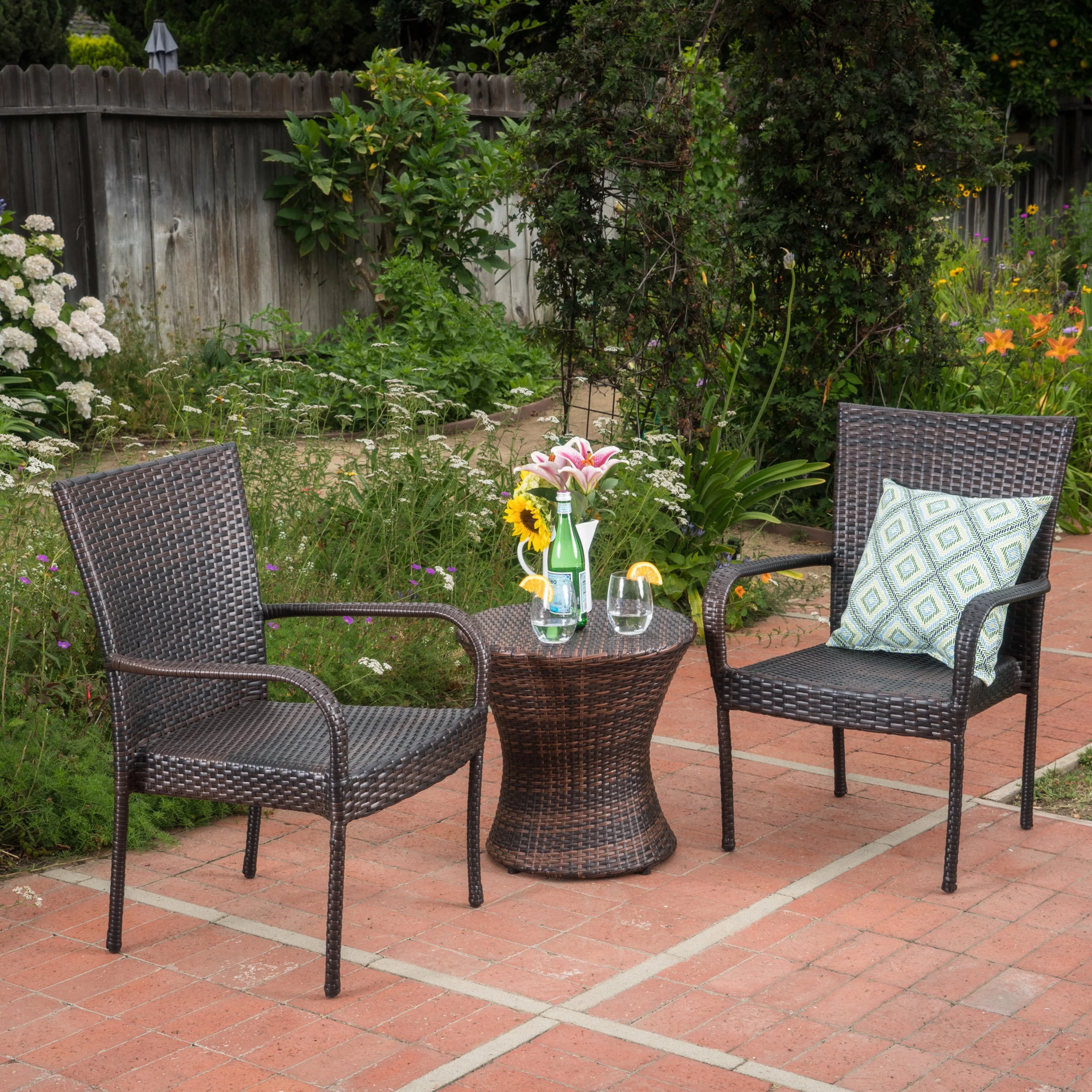 GDF Studio Parham Outdoor 3 Piece Wicker Stacking Chair Chat Set, Multibrown