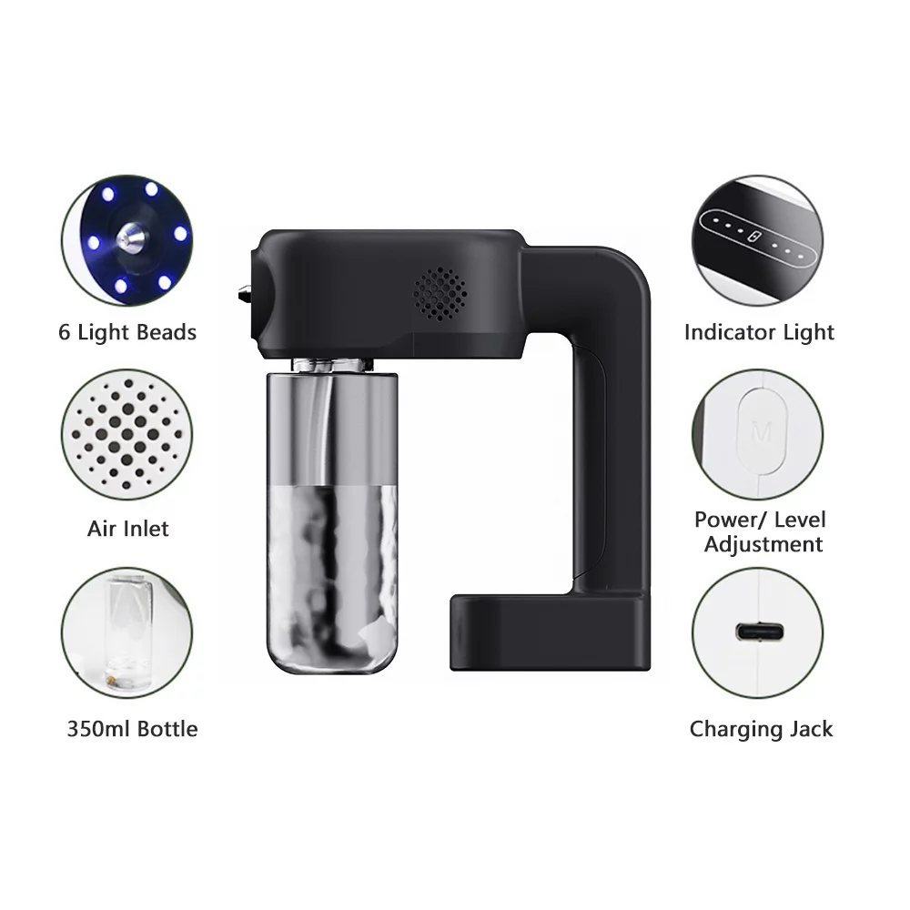 Vistreck Atomizer Sprayer Wireless Blue Ray Handheld Rechargeable Disinfectant Fogger Machine 350ml/12oz Capacity 3 Levels Adjustment Sanitizing Fogger Sprayer Spray Machine for Home Office School