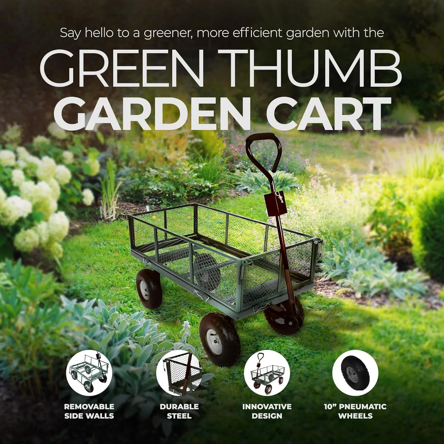 Green Thumb 4 Wheel Powder Coated Steel Garden Cart With Removable Mesh Sidewalls And Handles, Convertible To Trailer Hitch For Easy Towing, Green