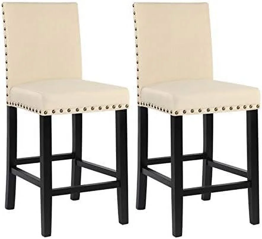 HYHBIBOOM Nailhead 24 Inches Counter Height Stools Upholstered  Stools with Solid Wood Legs   (Beige)