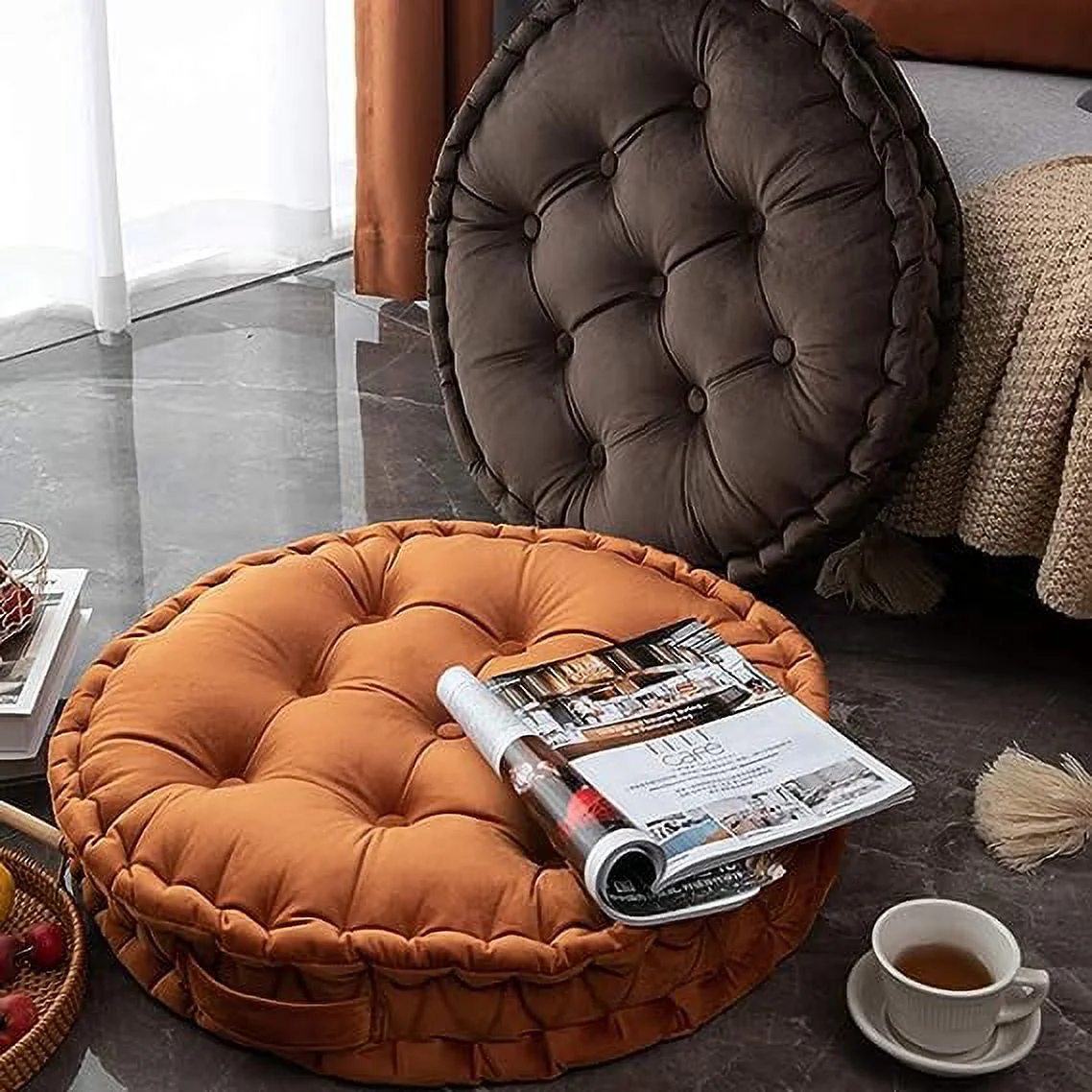 Namzi Round Floor Pillow with Handle Solid Thick Chair Cushion Super Soft Comfy Seat Cushion Meditation Cushion for Yoga Living Room Sofa Balcony Outdoor (Coffee, Diameter 24