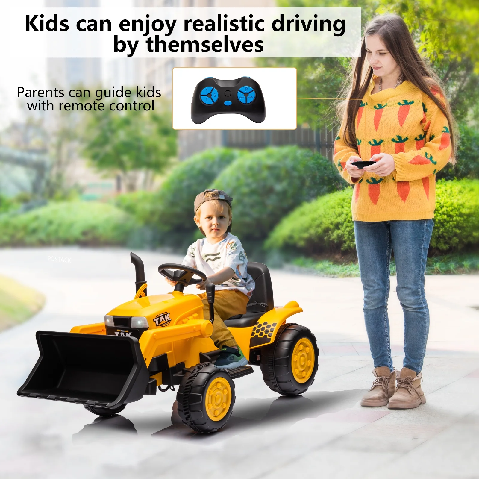 12V Kids Ride-on Tractor Electric Excavator Battery Powered Motorized Car for Kids Ages 3-6, with Detachable Trailer, Remote Control, and Bright Headlight in Yellow