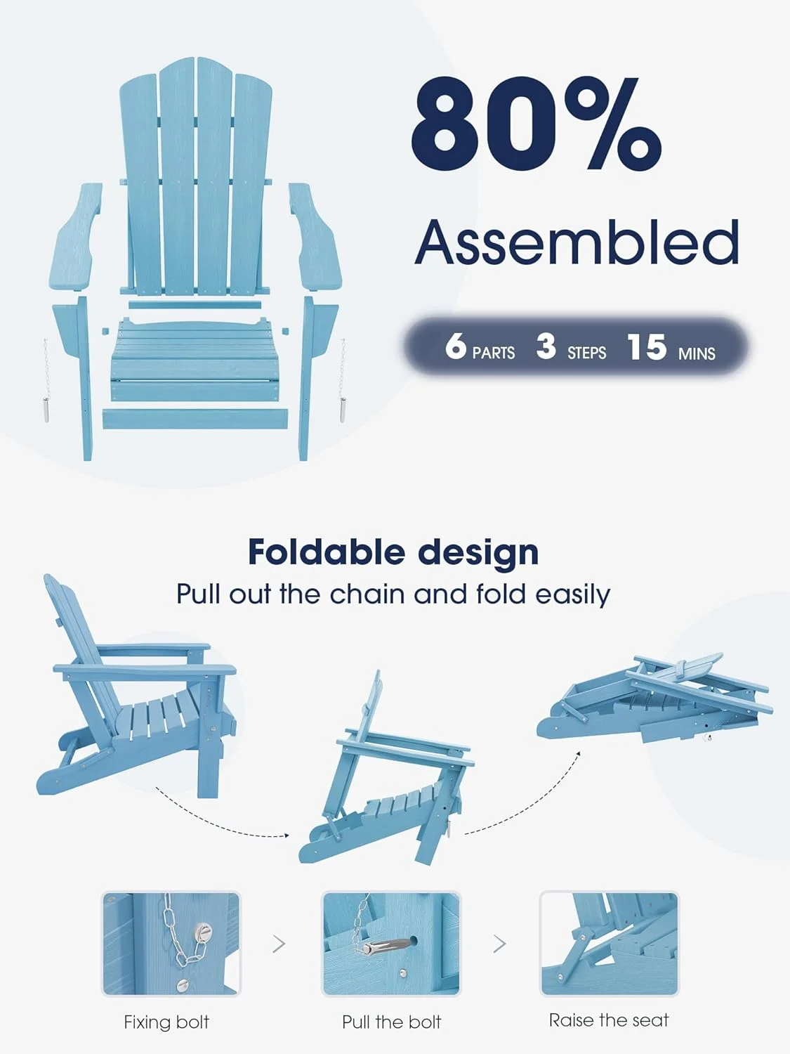 KINGYES Folding Adirondack Chair, HDPE All-Weather Folding Adirondack Chair, Light Blue