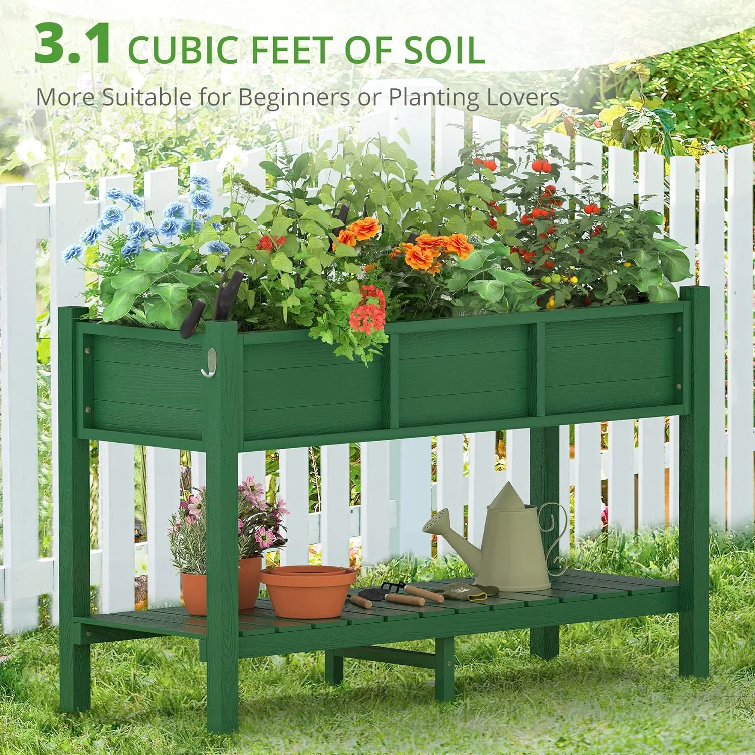 Poly Elevated Planter Box with Tools & Storage, 47x18x29 in, Weather Resistant