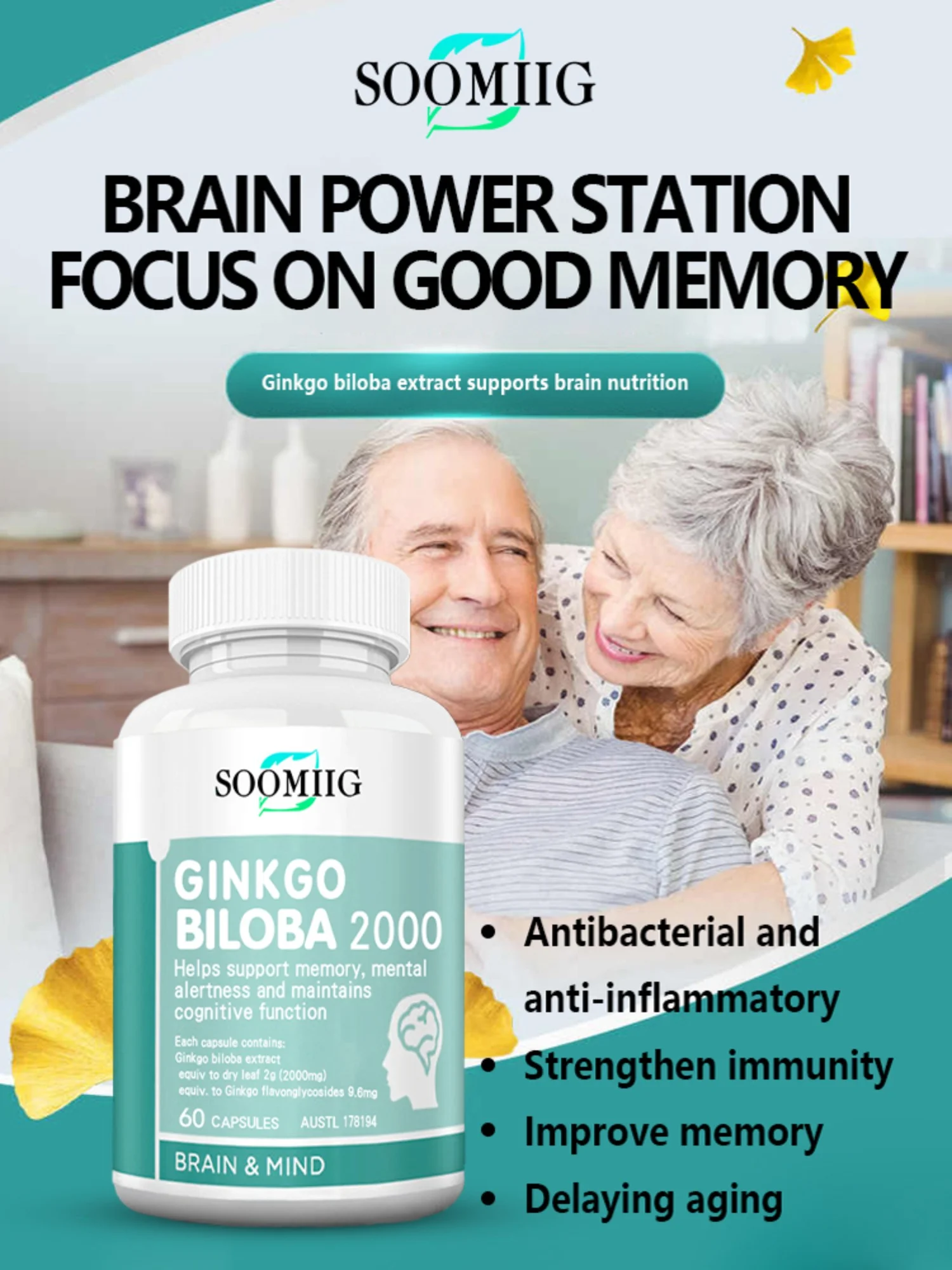 Soomiig 2000 mg Ginkgo Biloba Supplement - Supports Memory, Concentration and Cognitive Function - 30/60/120 Capsules