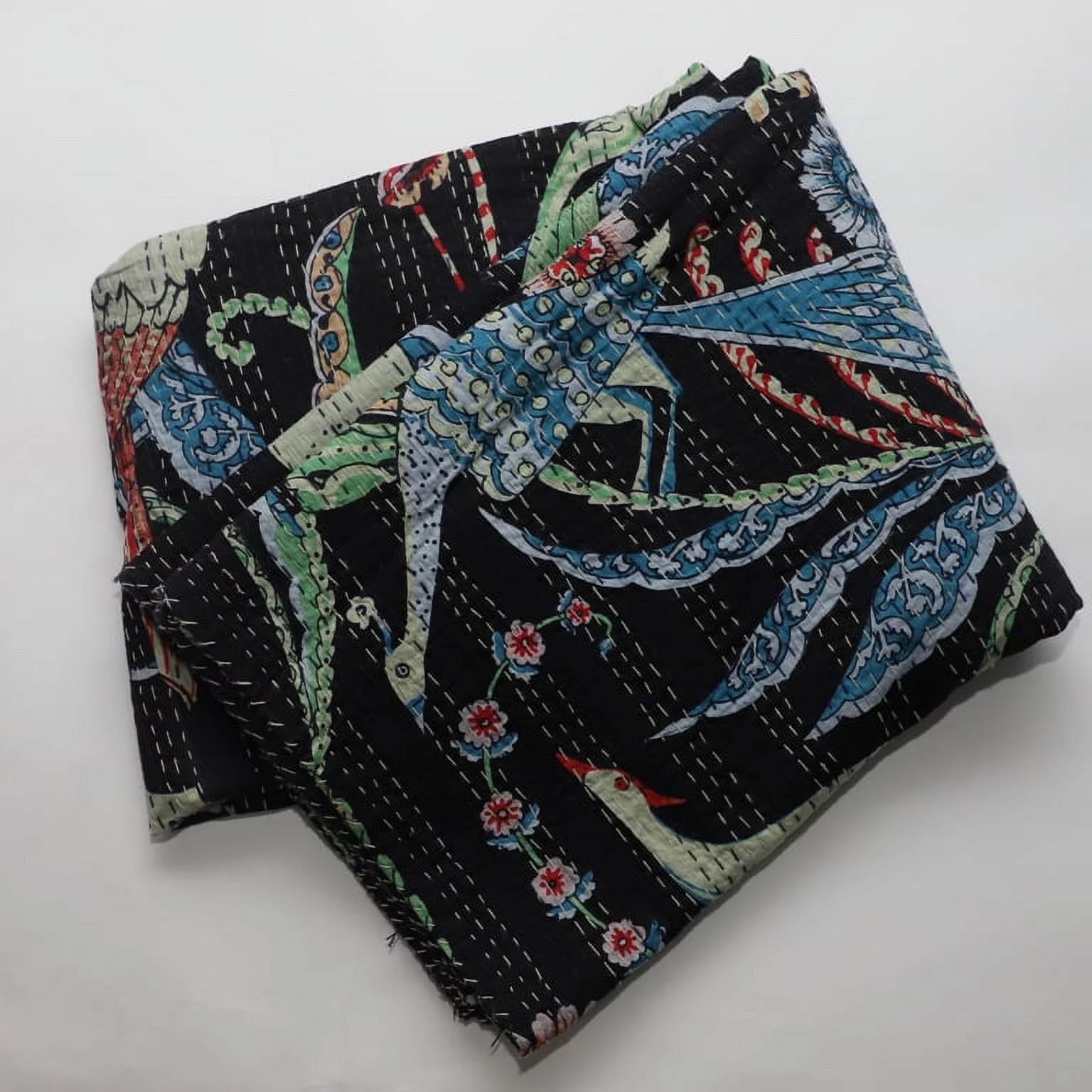 Indian Handmade Bird Print Kantha Quilt Queen Size Hand block Kantha Pure Cotton Kantha Reversible Blanket Kantha Bohemian Bedspread