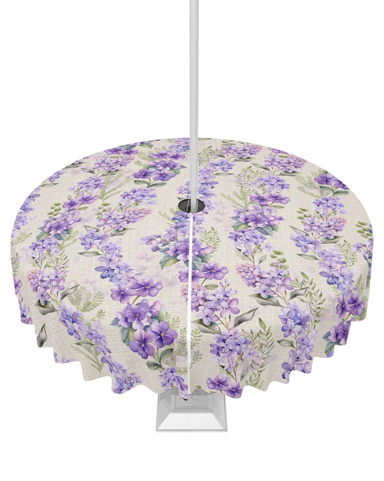Outdoor Tablecloth with Umbrella Hole and Zipper Purple Flower Spring Plant Wisteria Leaves Linen Texture Waterproof Patio Table Cover Round&nbsp;Table Cloth for Picnic Party BBQS, 54 inch