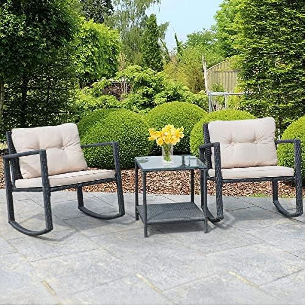 SJOPKMNH 3 Pieces Rocking  Outdoor Patio Rocking Chairs with Coffee Table  Rattan Wicker  Conversation Set for Garden Lawn Backyard Balcony