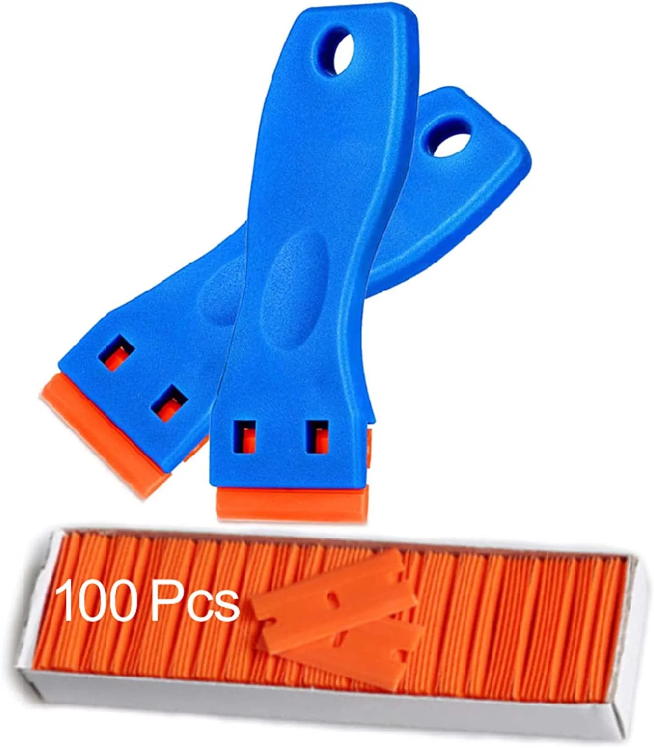 Plastic Razor Blade Scraper Tool Contain 2 Pcs Scraper and 100 Pcs Plastic Blades, Cleaning Scraper Remover for Stickers Decals Adhesive Labels Paint on Glass or Window.