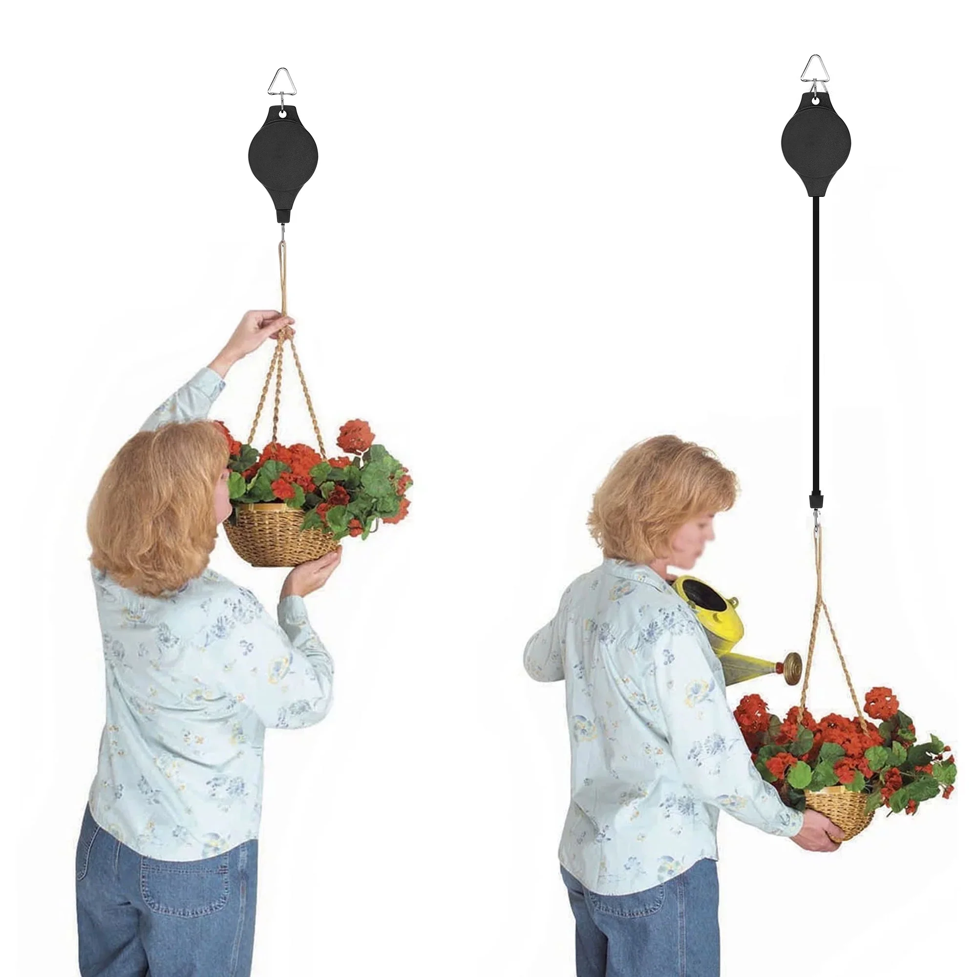TSV 2pcs Plant Retractable Pulley, Hanger Hanging Planters Flower Basket Hook for Garden Baskets, Pots, and Birds Feeder Hang (High up and Pull Down)