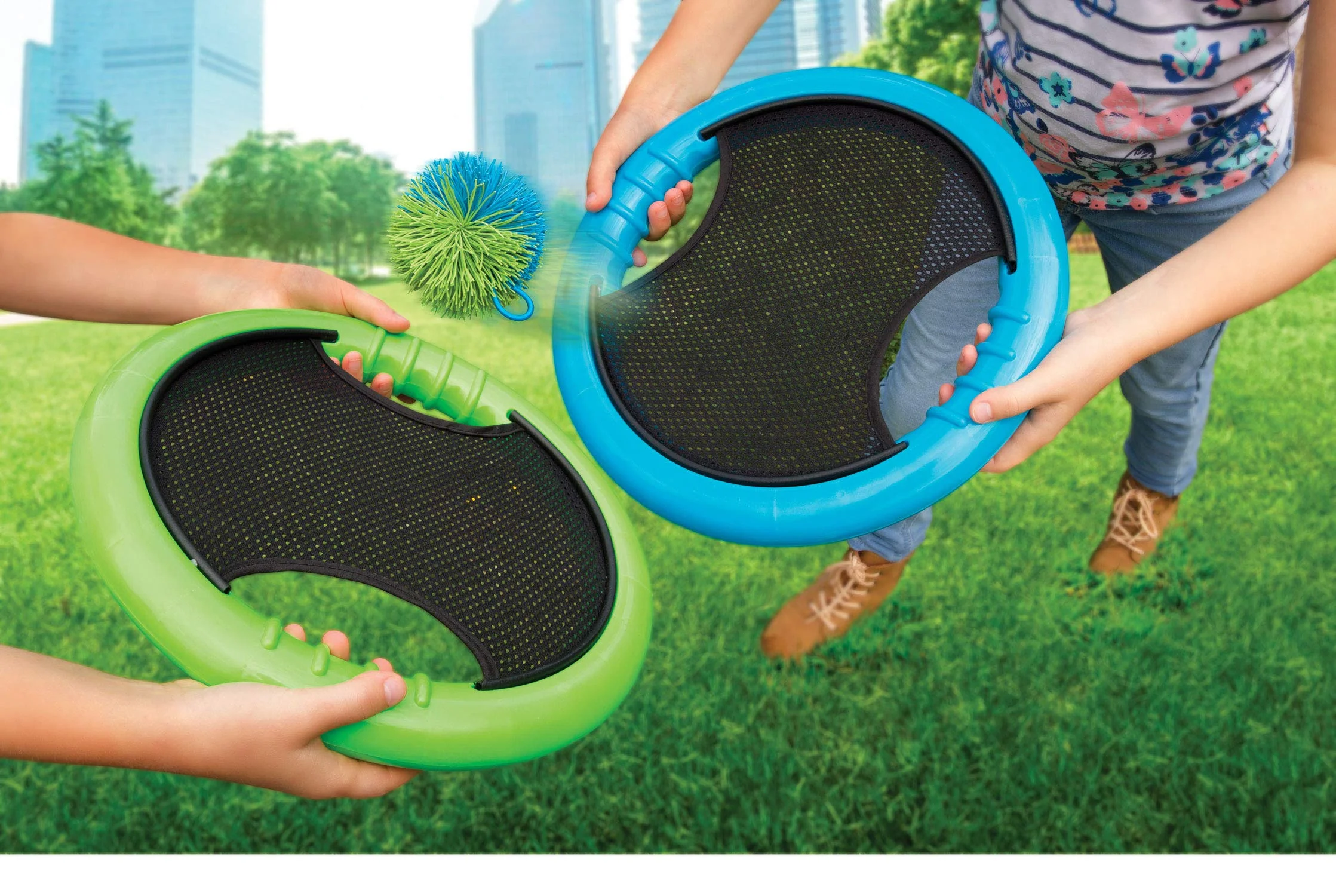 Toss and Catch Ball Set - Best Outdoor Games for Kids to Practice Hand Eye Coordination - Beach Paddle Ball That’s Easy to Play and Fun For All Ages - 2 Mesh Paddles and One Koosh Ball Included