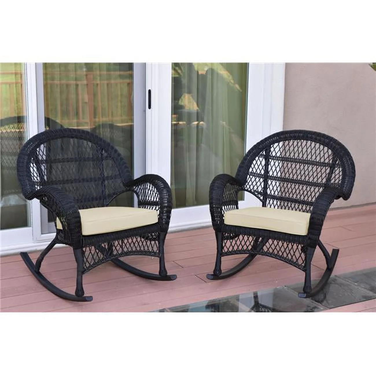 W00211-R-2-FS001 Santa Maria Black Wicker Rocker Chair with Ivory Cushion - Set of 2