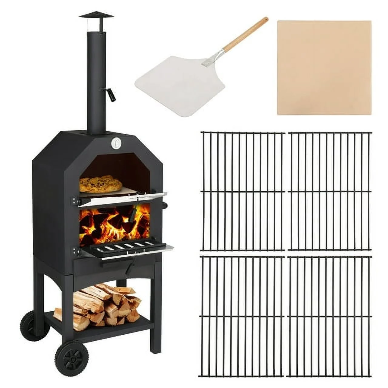 Outdoor Wood Fired Pizza Oven with Pizza Stone, Pizza Peel, Grill Rack, for Backyard and Camping